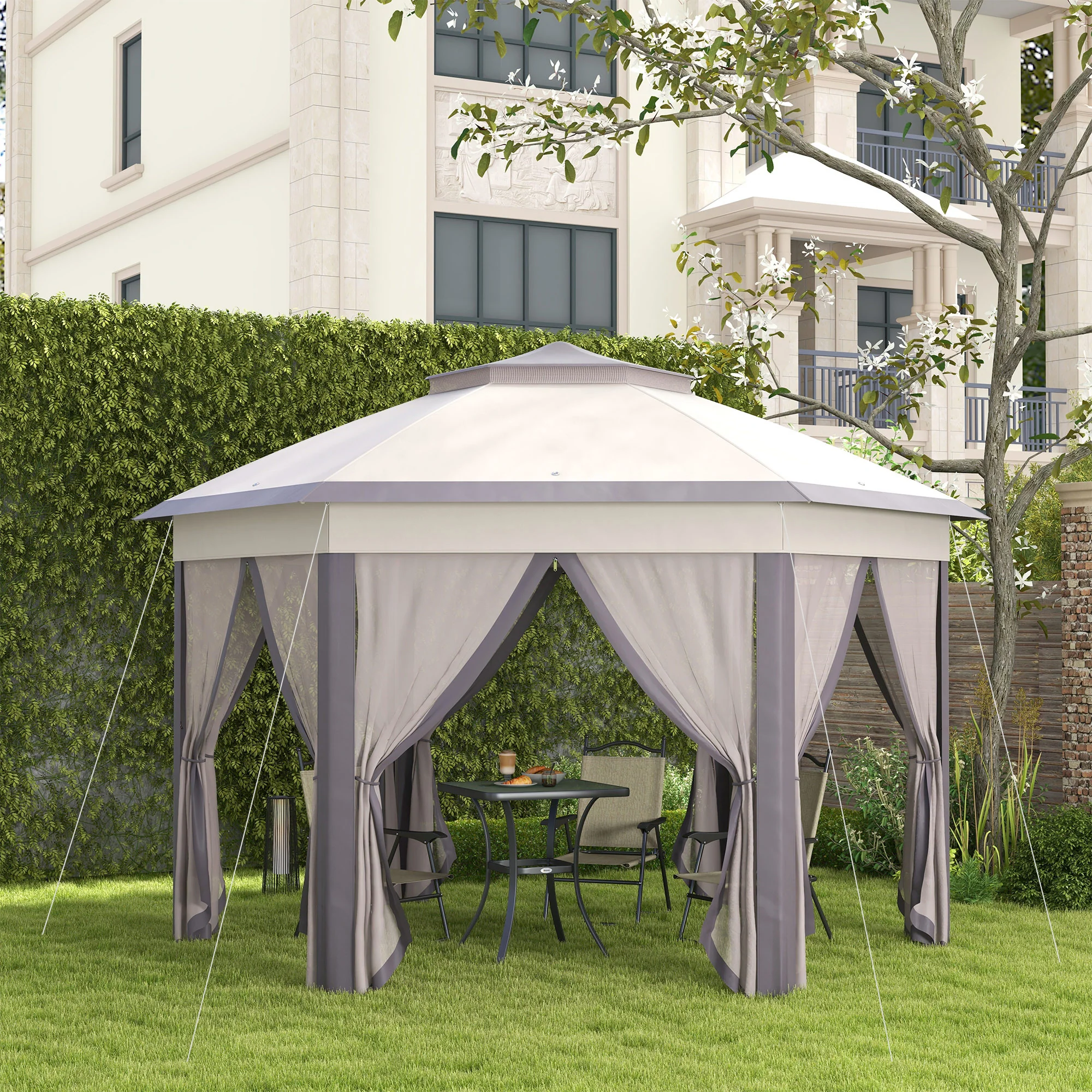 13' x 13' Hexagonal Pop-Up Gazebo Shelter with 6 Zippered Mesh Netting, Coffee and Beige - Image 4