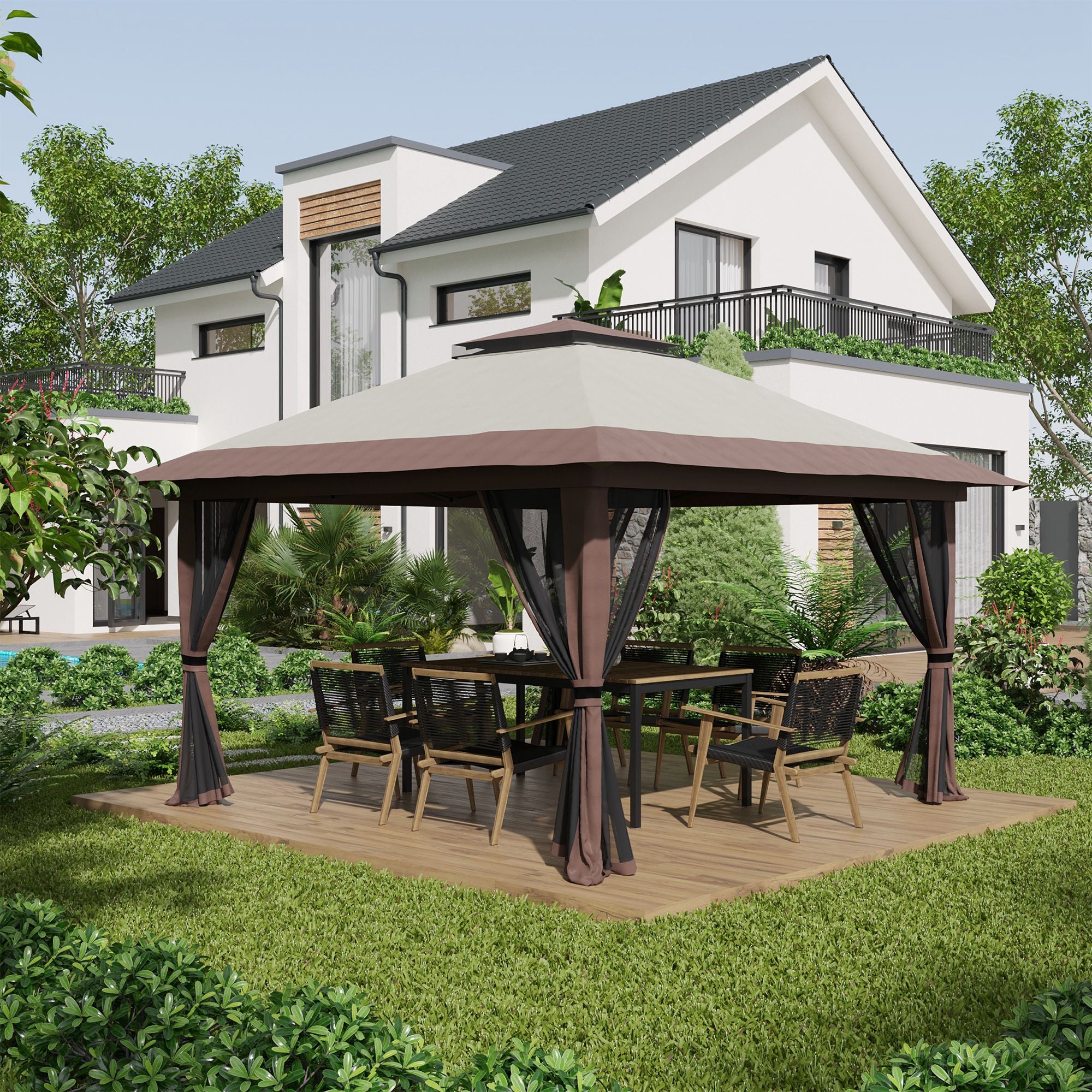 13'x13' Pop-Up Gazebo with 2-Tier Roof, Carry & Weight Bags, Beige - Image 3