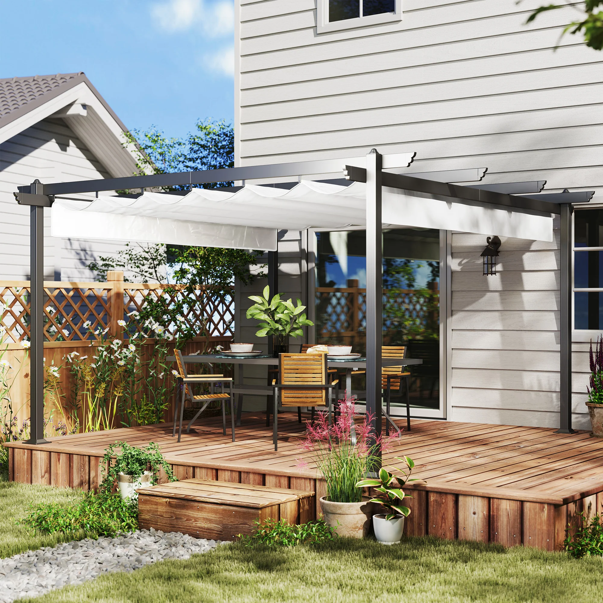13' x 13' Aluminum Retractable Pergola Canopy, for Garden Patio Backyard Deck, White - Image 3