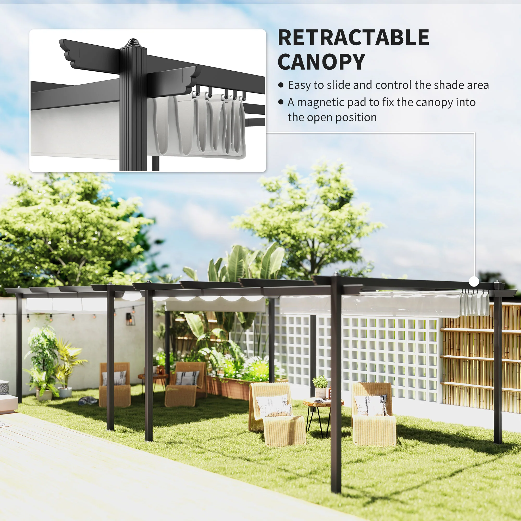 13' x 13' Aluminum Retractable Pergola Canopy, for Garden Patio Backyard Deck, White - Image 6