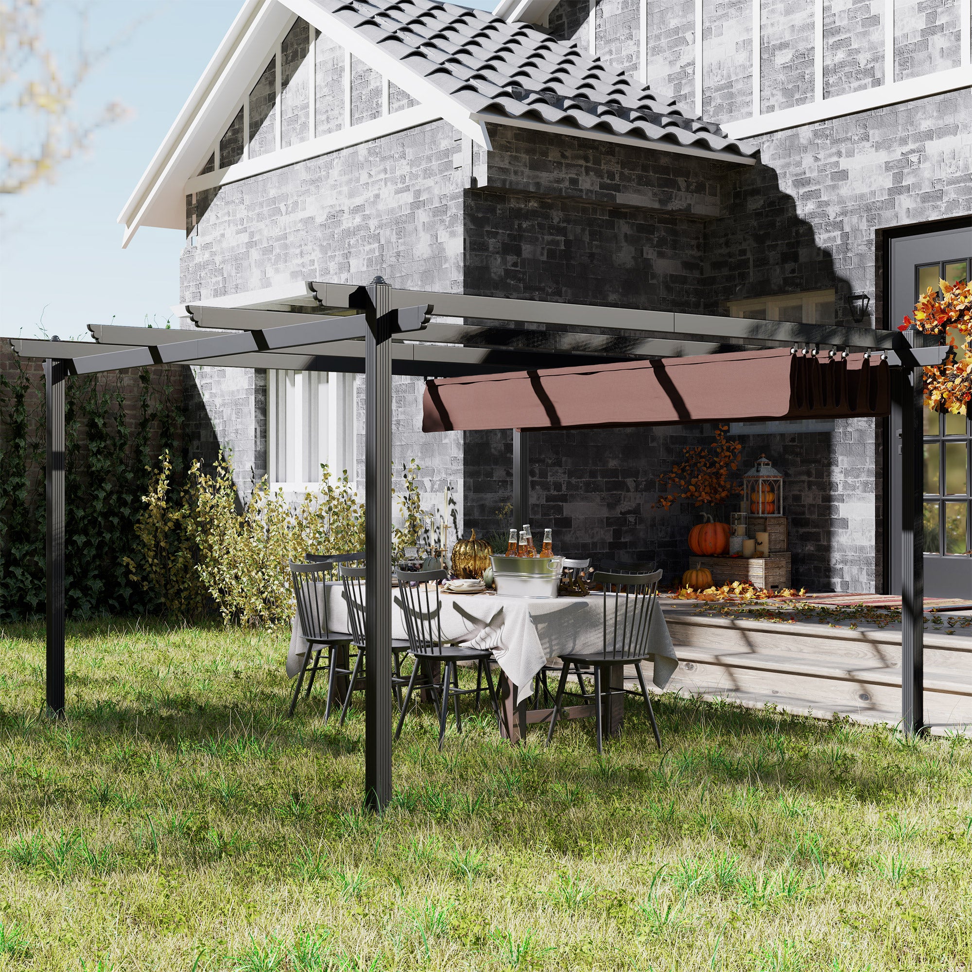 13' x 13' Aluminum Retractable Pergola Canopy, for Garden Patio Backyard Deck, Brown - Image 4