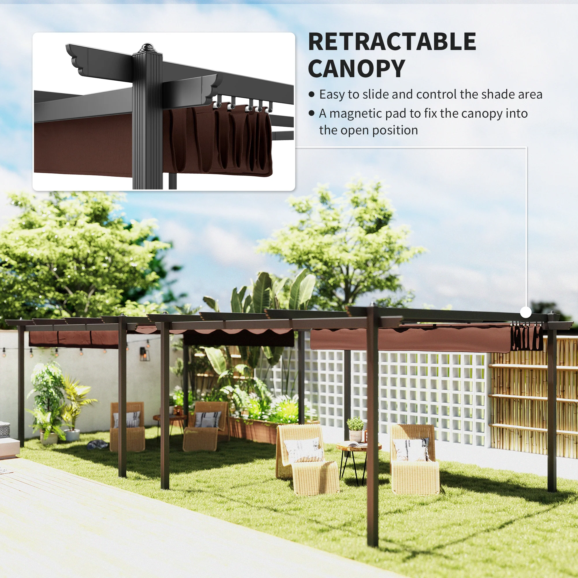 13' x 13' Aluminum Retractable Pergola Canopy, for Garden Patio Backyard Deck, Brown - Image 6