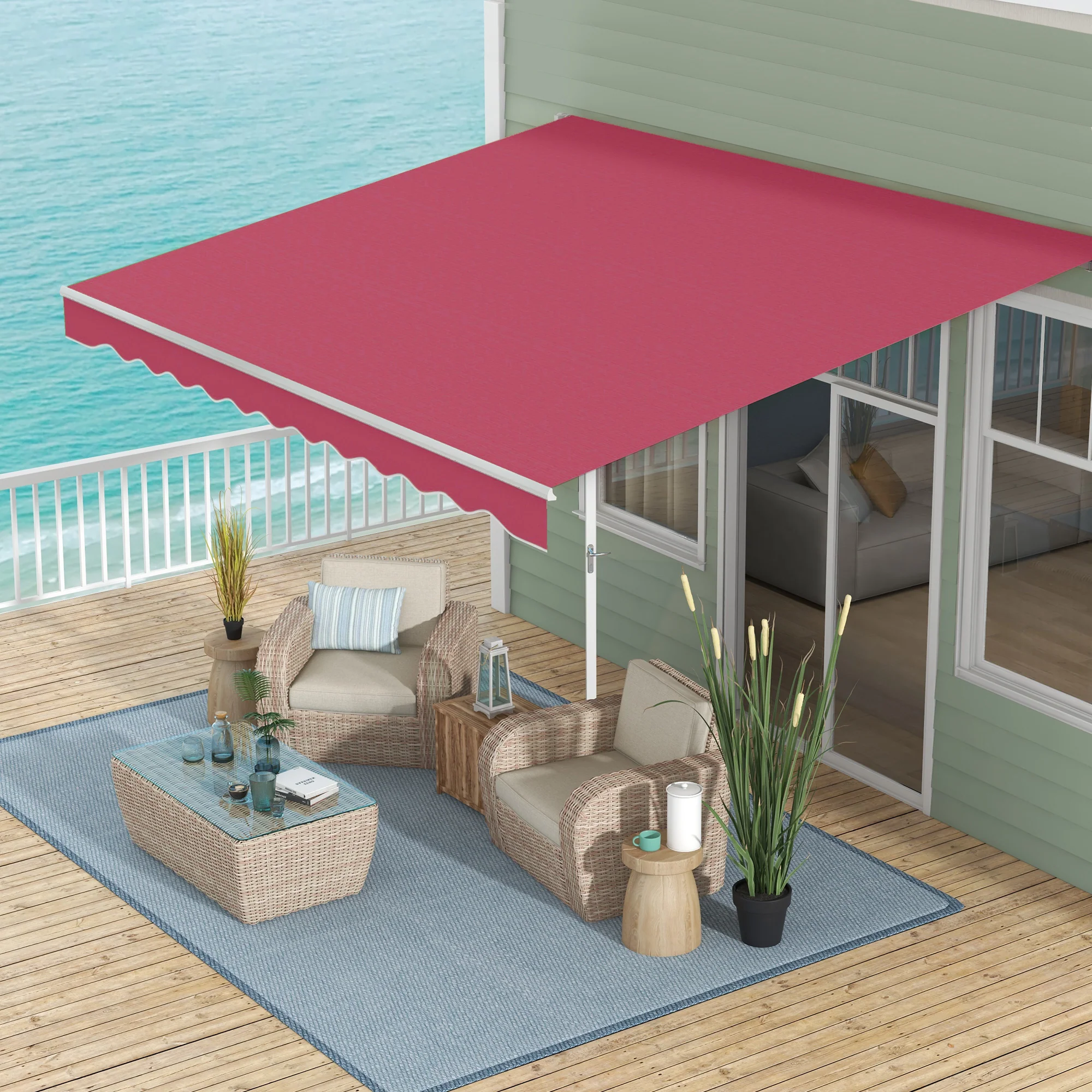 13' x 8' Retractable Patio Awning, Manual Crank, UV/Water-Resistant & Aluminum Frame - Wine Red - Image 4