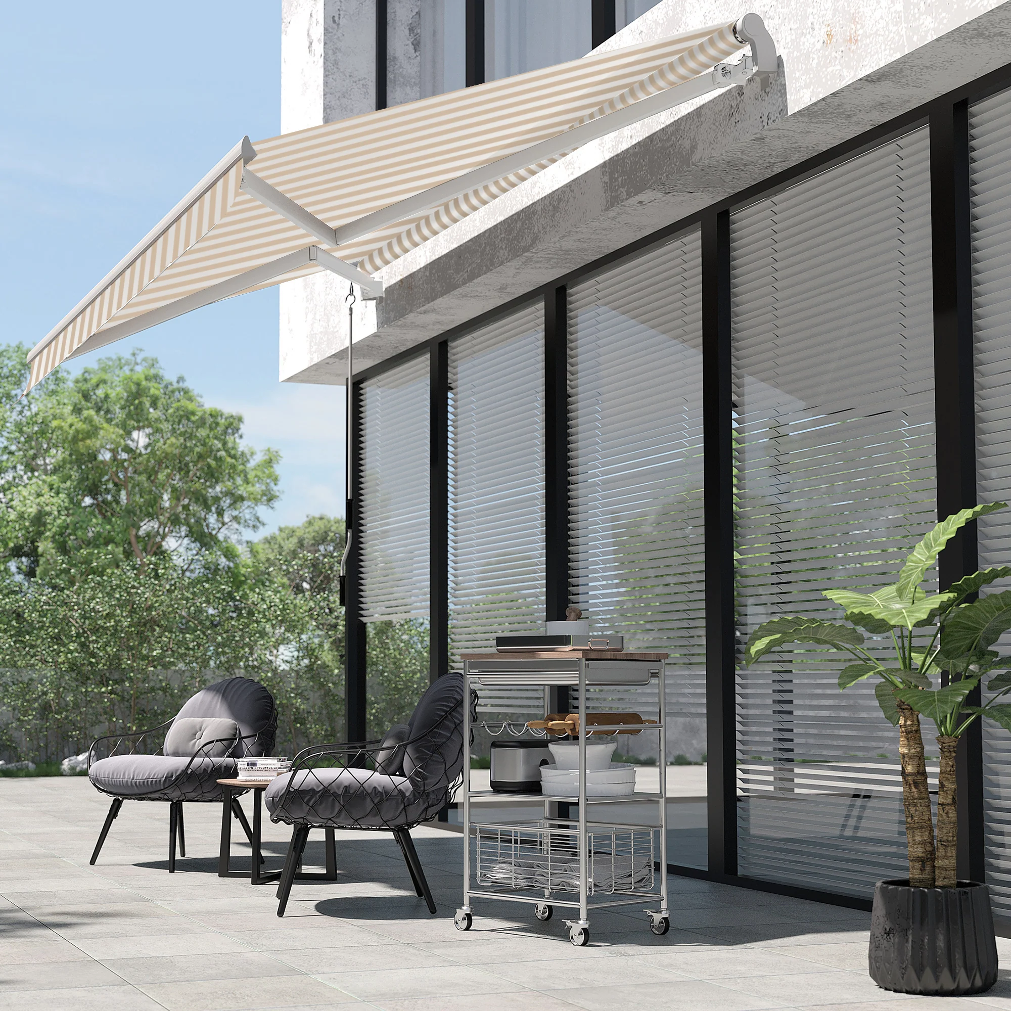 13' x 8' Retractable Awning with Manual Crank, UV/Water-Resistant, Aluminum Frame, Beige Stripes - Image 3
