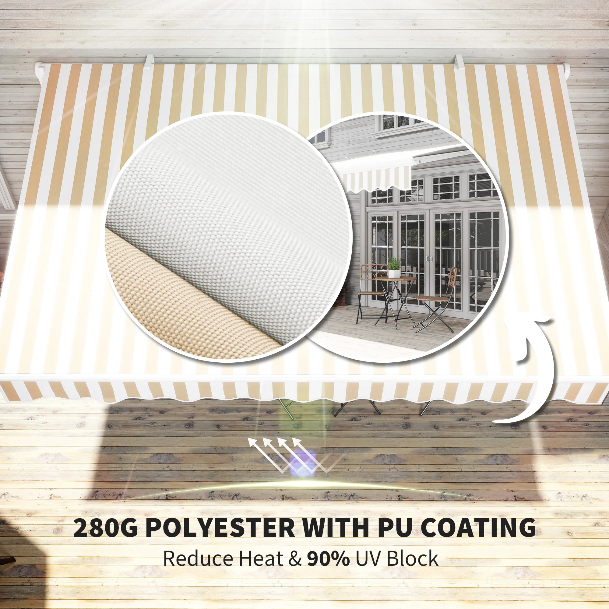 13' x 8' Retractable Awning with Manual Crank, UV/Water-Resistant, Aluminum Frame, Beige Stripes - Image 7