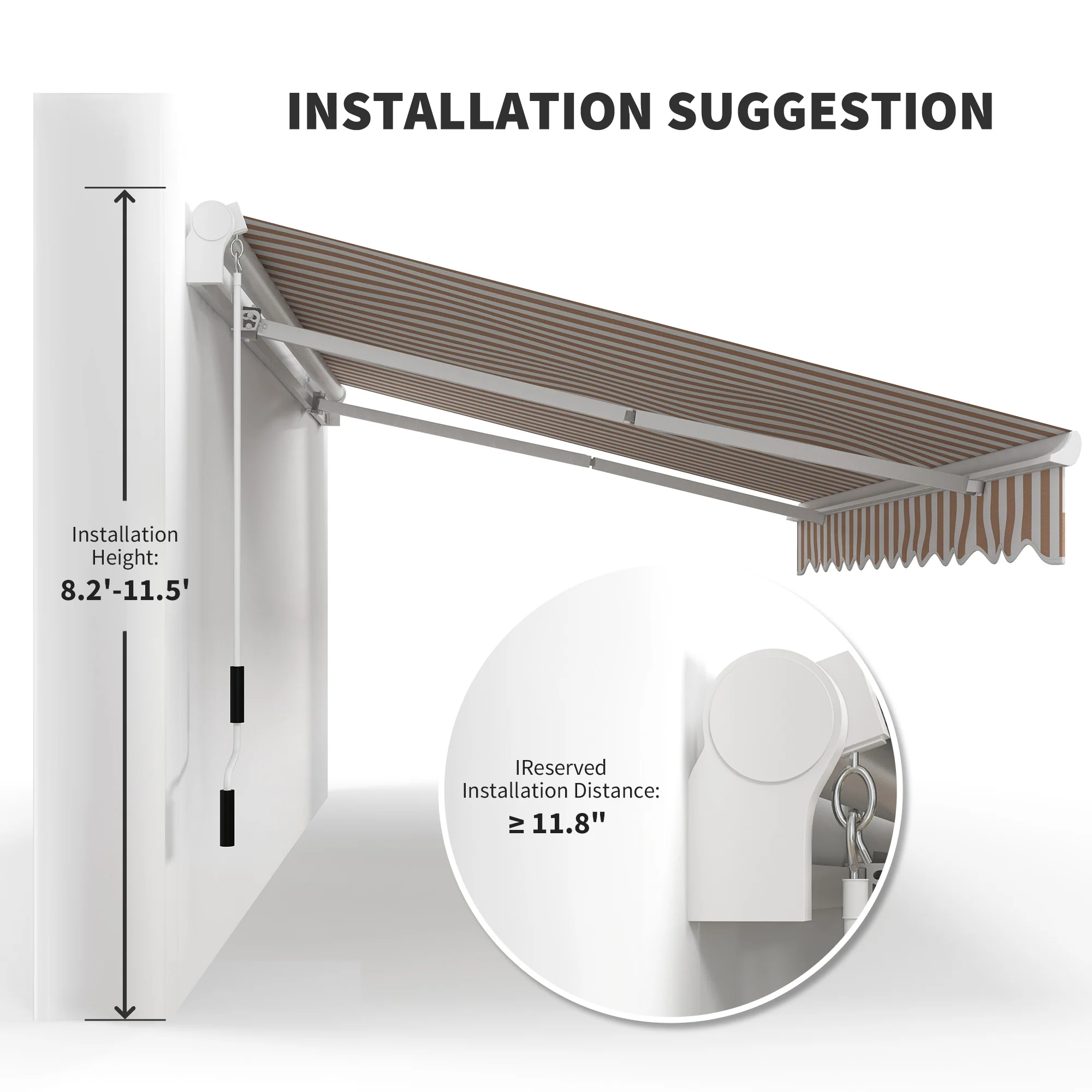 13' x 8' Retractable Awning with Manual Crank, UV/Water-Resistant, Aluminum Frame, Beige Stripes - Image 9