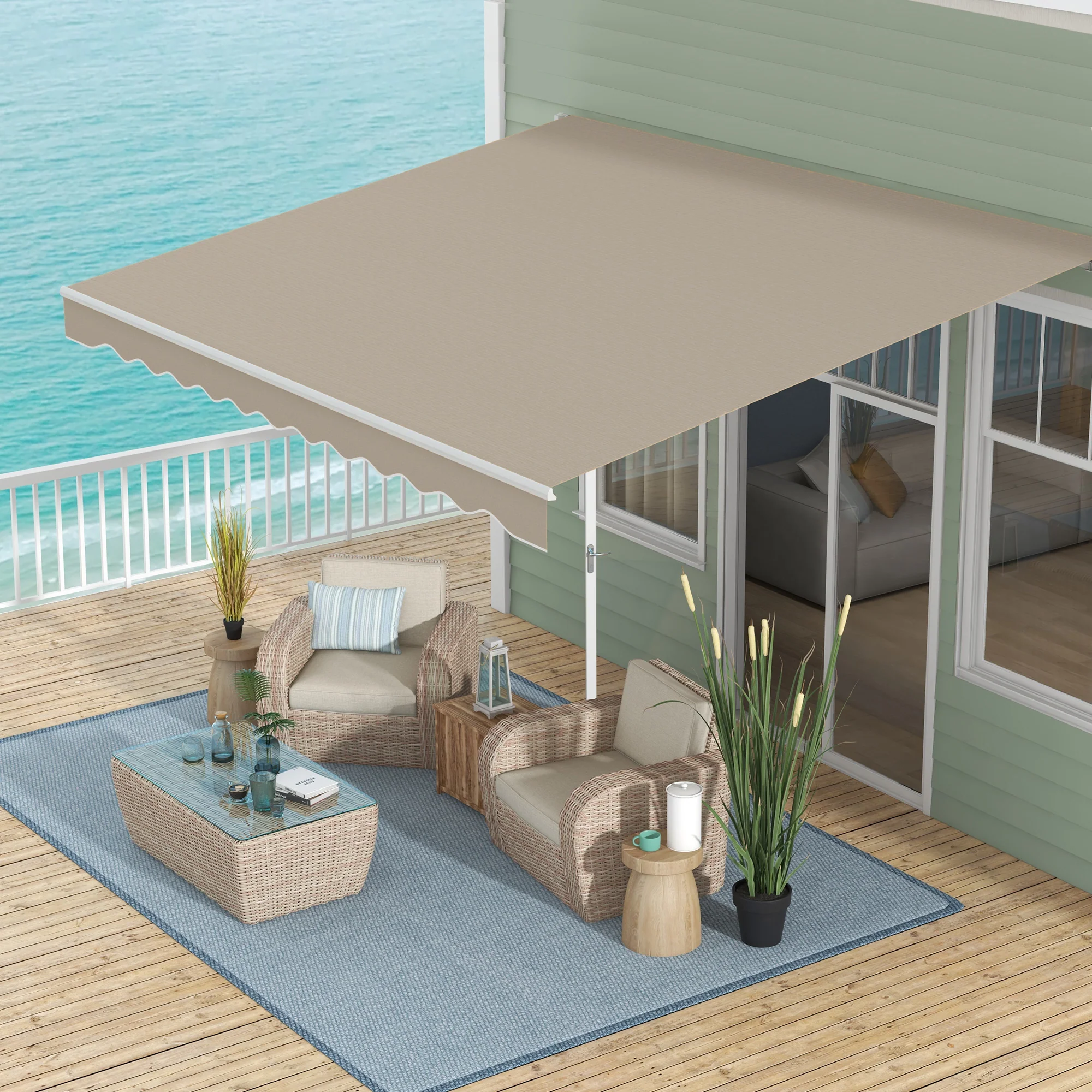 13' x 8' Retractable Awning with Manual Crank, UV/Water-Resistant Fabric & Aluminum Frame, Beige - Image 4