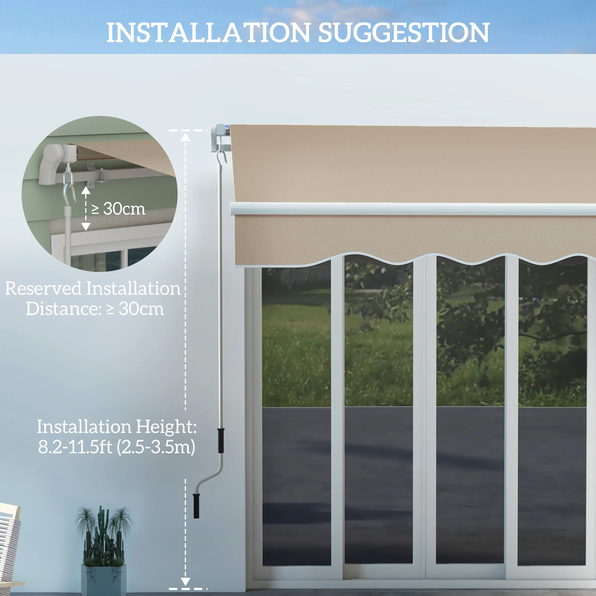 13' x 8' Retractable Awning with Manual Crank, UV/Water-Resistant Fabric & Aluminum Frame, Beige - Image 9