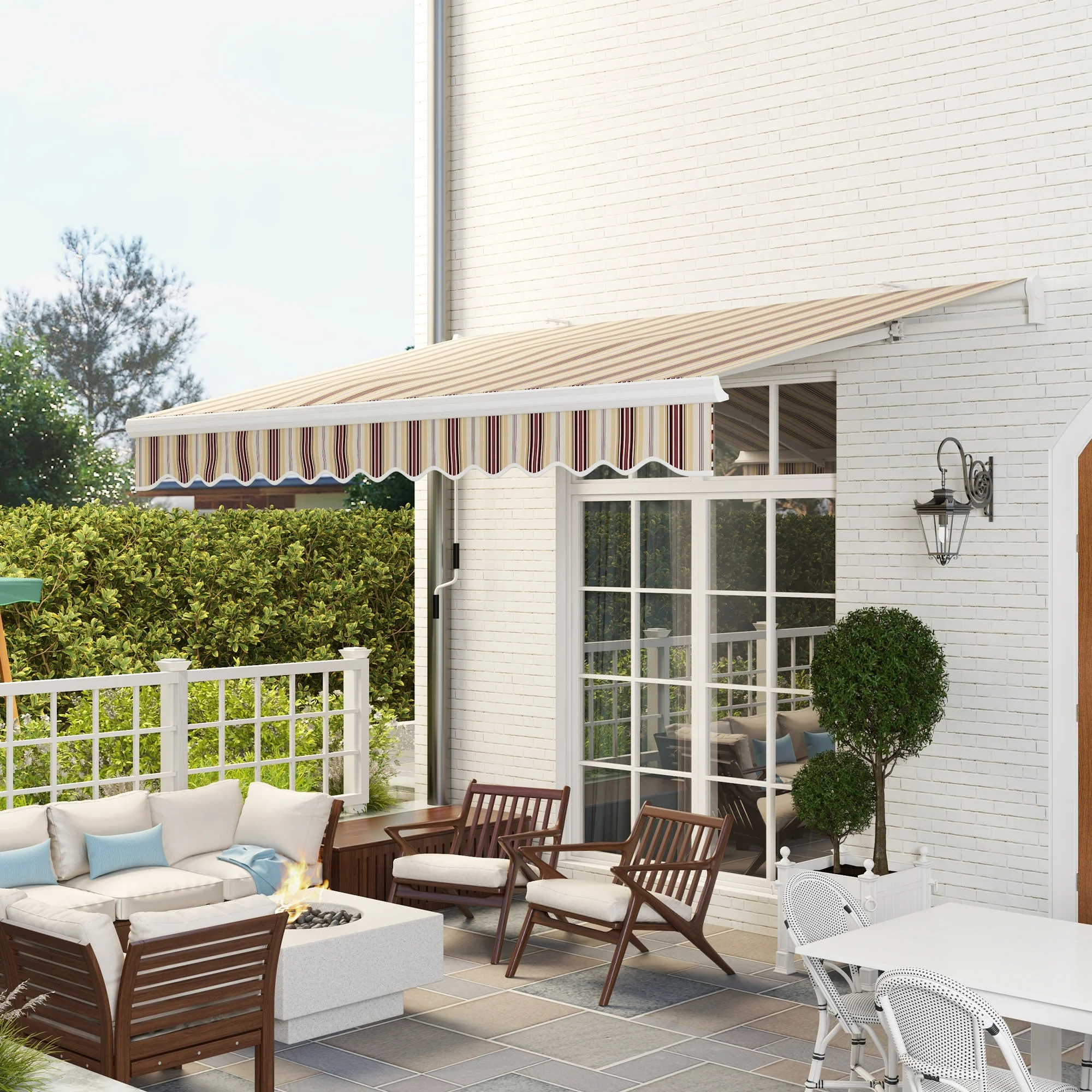 13' x 8' Retractable Patio Awning with Manual Crank, UV/Water-Resistant Fabric, Red Stripes - Image 3
