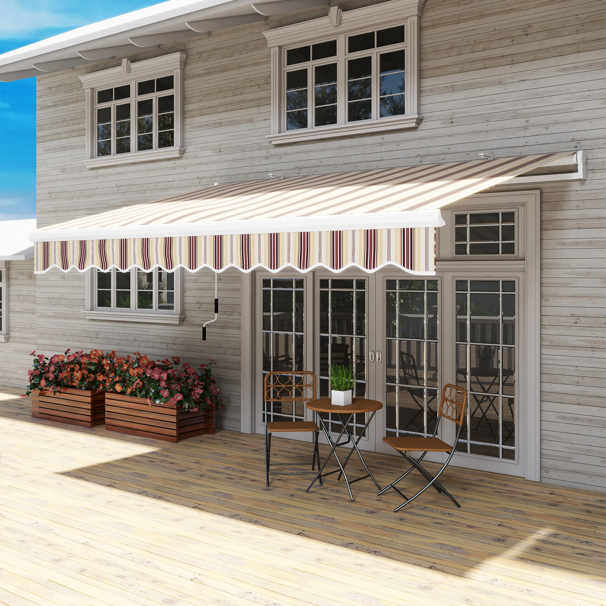 13' x 8' Retractable Patio Awning with Manual Crank, UV/Water-Resistant Fabric, Red Stripes - Image 4