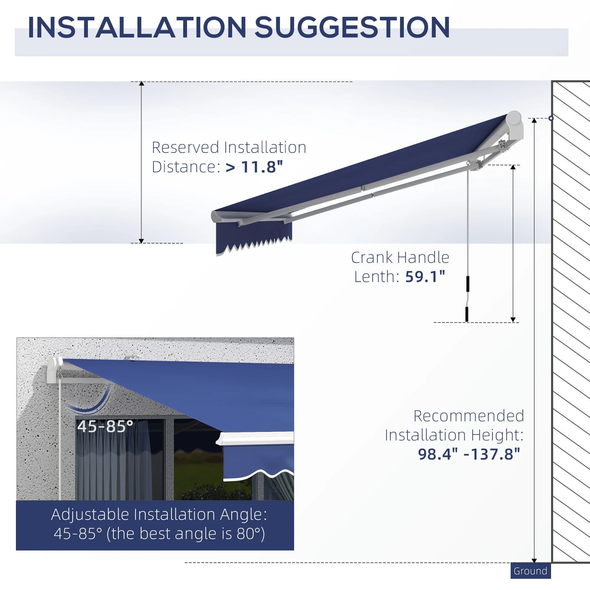 13' x 8' Manual Retractable Sun Shade w/UV Protection & Easy Crank, Dark Blue - Image 7