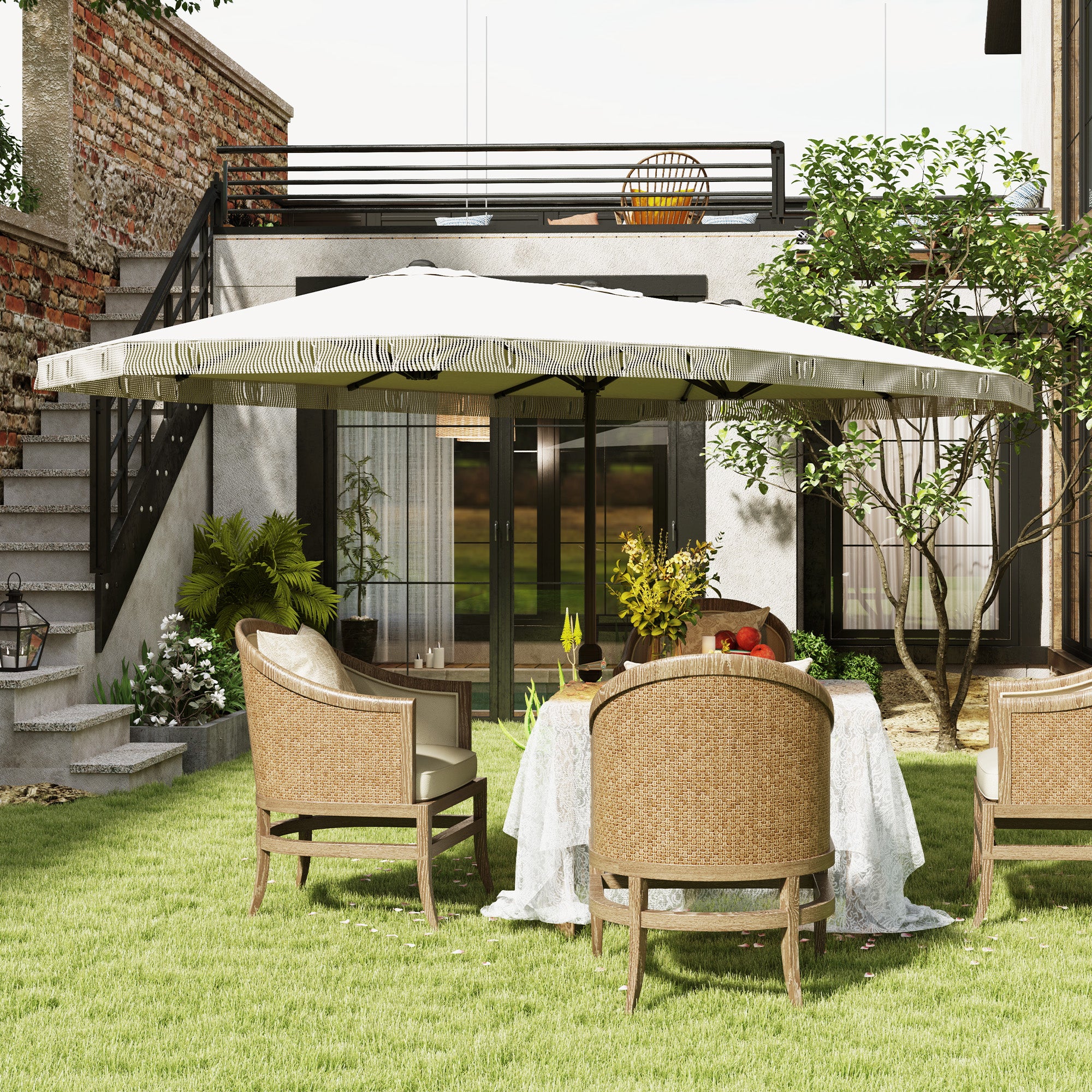 15ft Rectangle Patio Umbrella with UPF30+ & Crank Handle, Cream White - Image 11