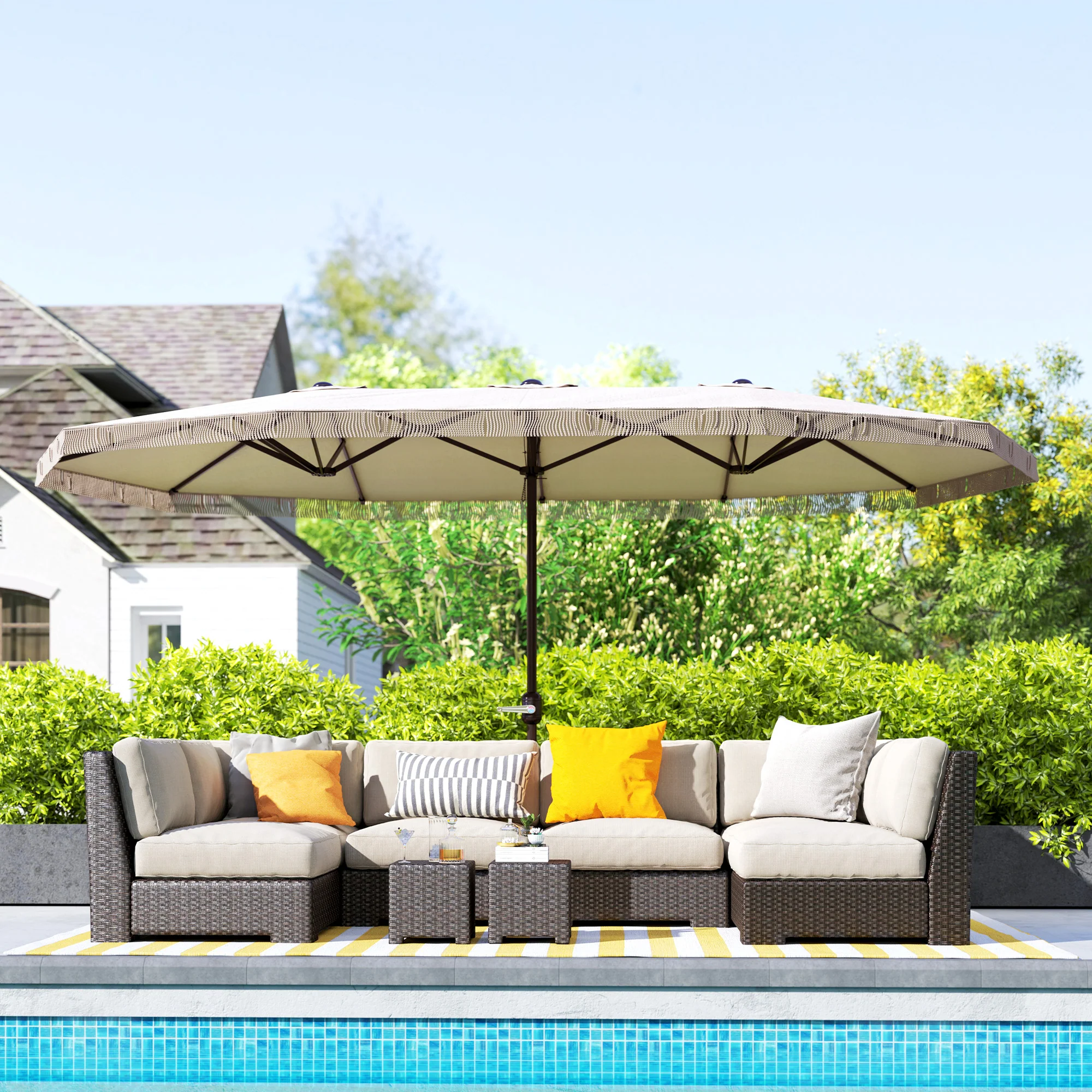 15ft Rectangle Patio Umbrella with UPF30+ & Crank Handle, Cream White - Image 3
