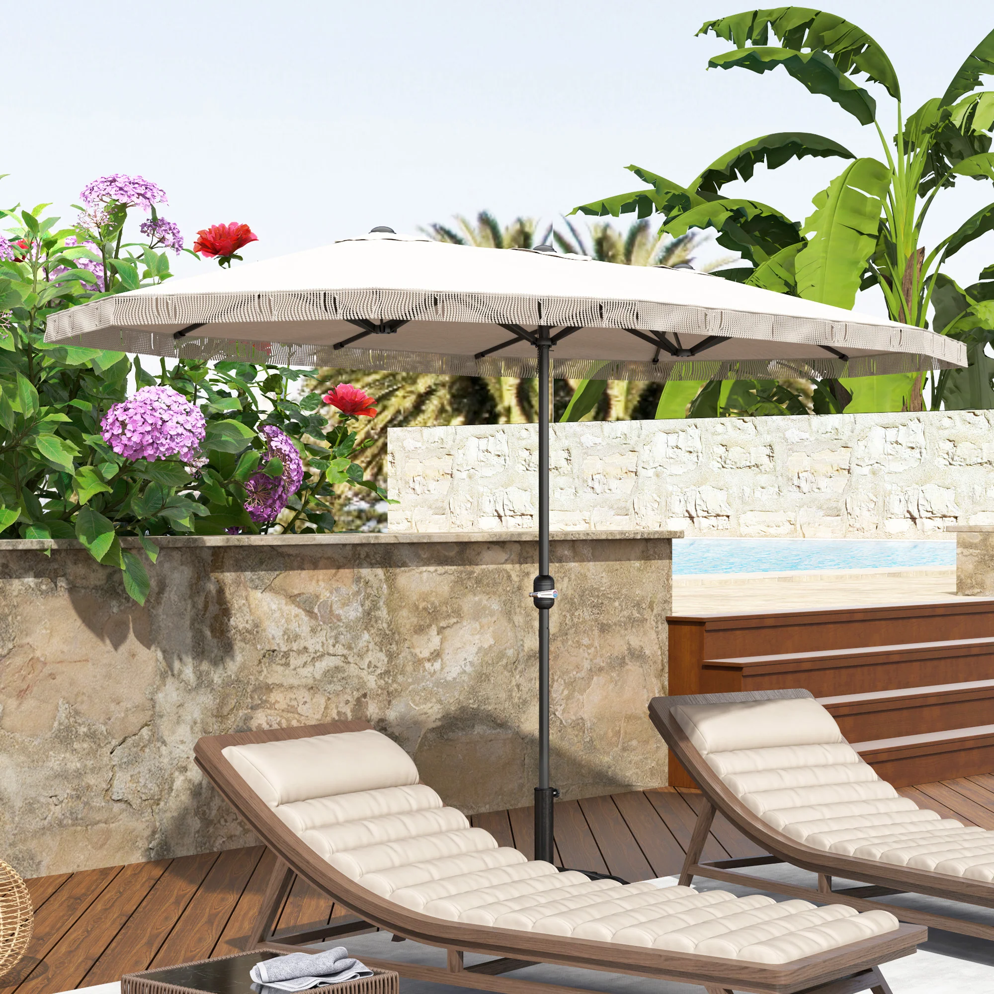 15ft Rectangle Patio Umbrella with UPF30+ & Crank Handle, Cream White - Image 4