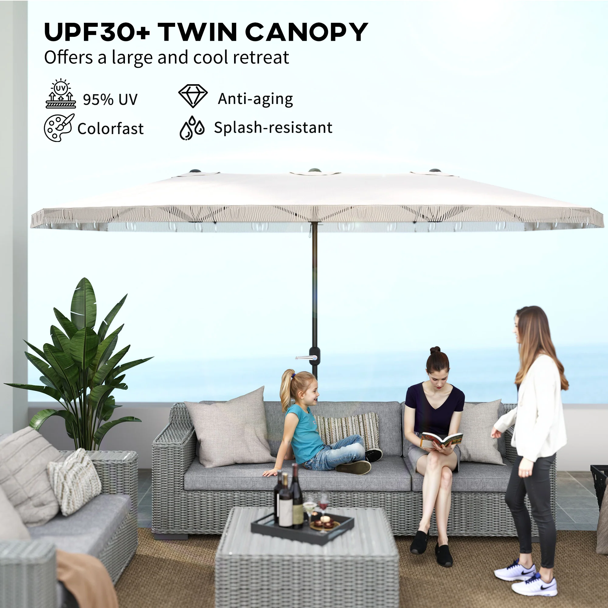 15ft Rectangle Patio Umbrella with UPF30+ & Crank Handle, Cream White - Image 6