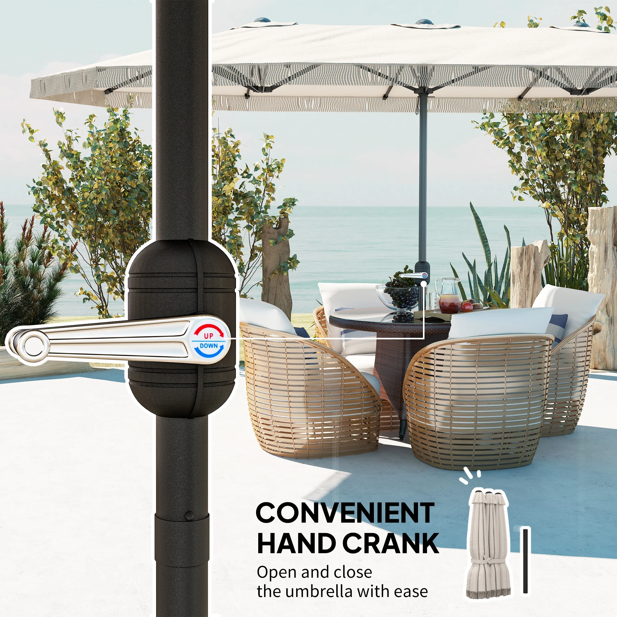 15ft Rectangle Patio Umbrella with UPF30+ & Crank Handle, Cream White - Image 7