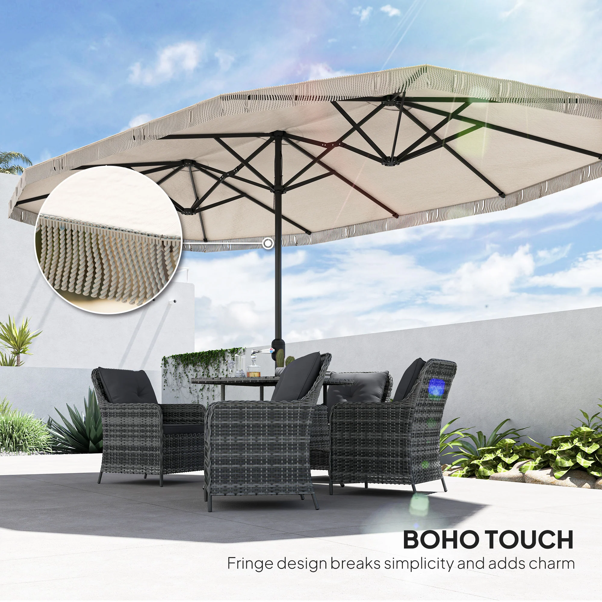 15ft Rectangle Patio Umbrella with UPF30+ & Crank Handle, Cream White - Image 9