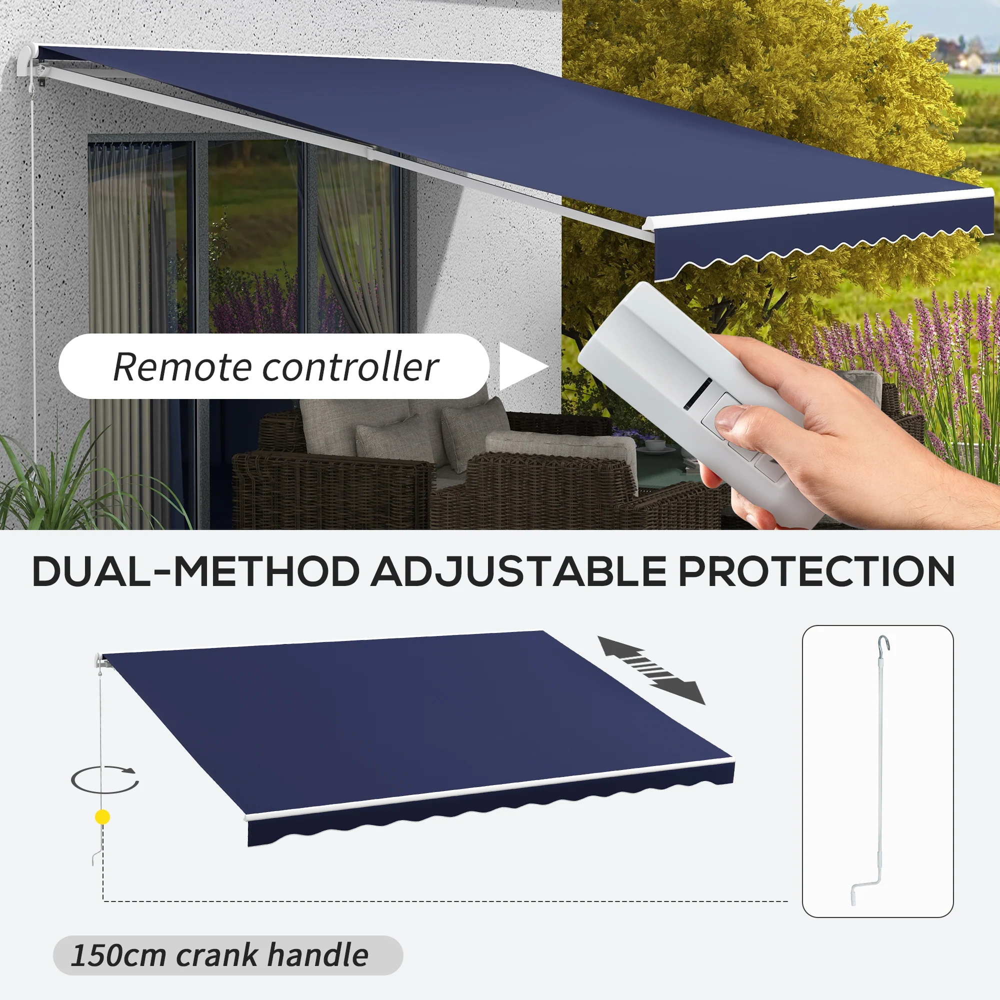 16' x 10' Electric Retractable Awning with Remote & Crank Handle, Blue - Image 6
