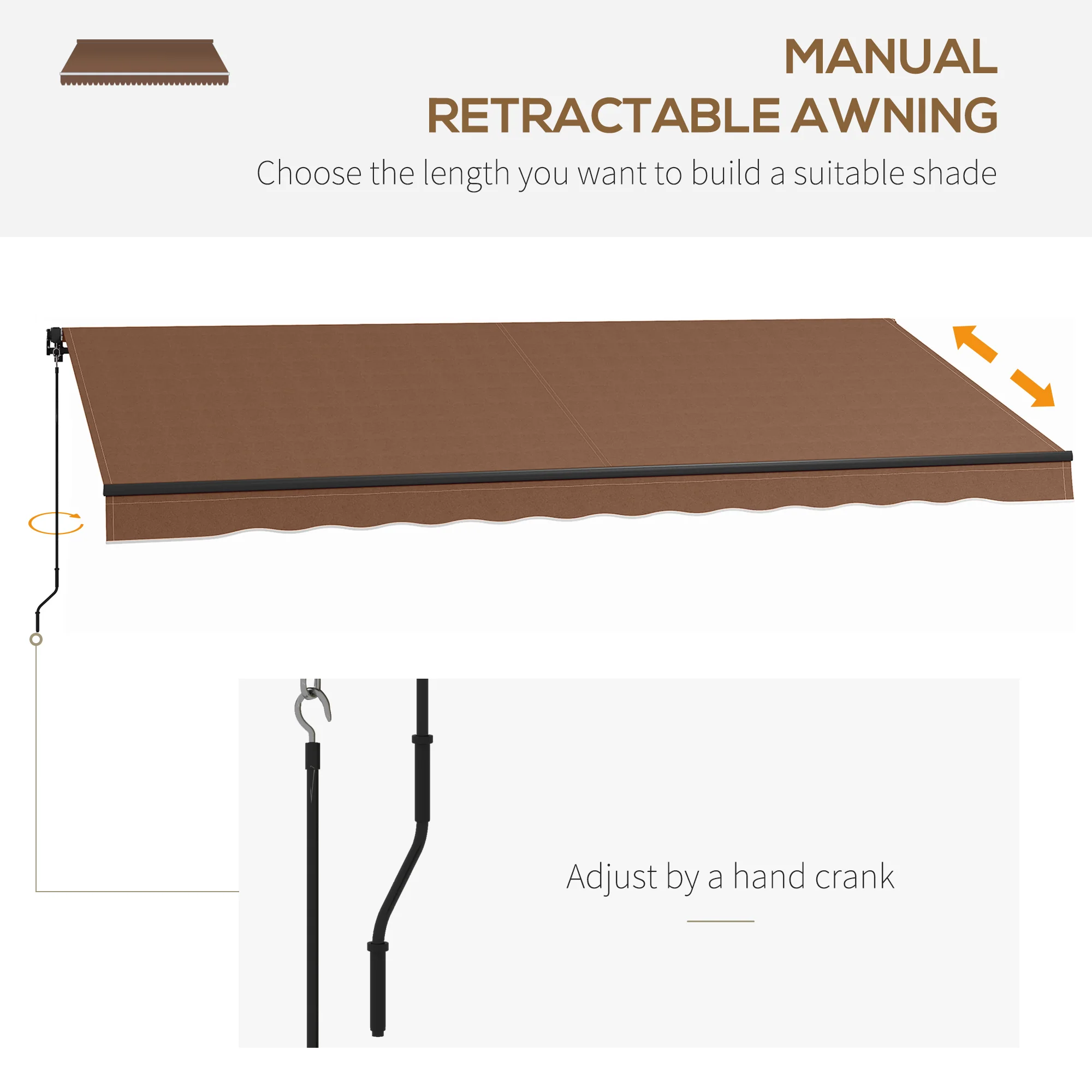 16' x 10' Retractable Sunshade Awning, UV-Resistant 280GSM Canopy, Brown - Image 6