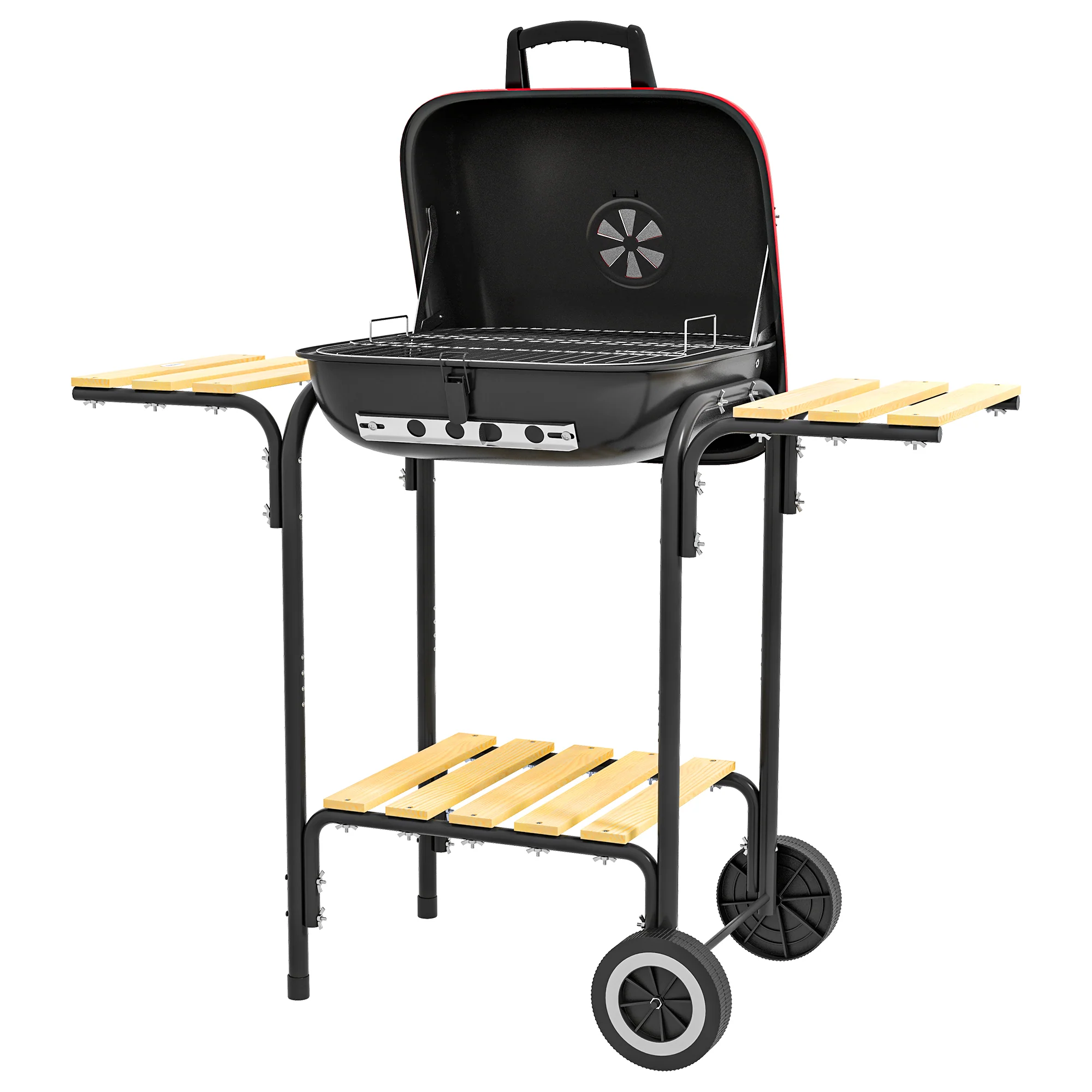 Portable Charcoal Grill with Wheels, 2 Side Tables & Adjustable Vents, Red - Image 2