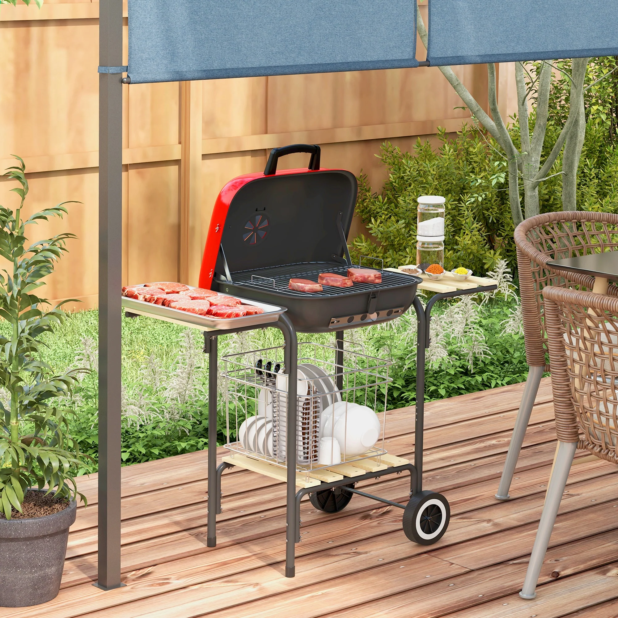 Portable Charcoal Grill with Wheels, 2 Side Tables & Adjustable Vents, Red - Image 3
