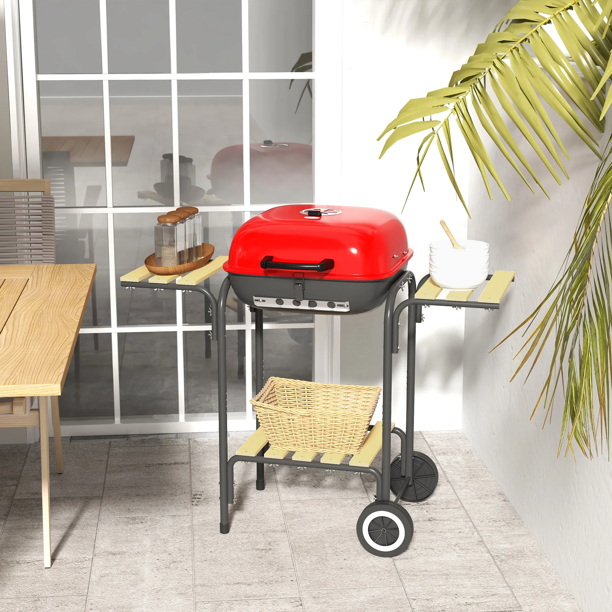 Portable Charcoal Grill with Wheels, 2 Side Tables & Adjustable Vents, Red - Image 4