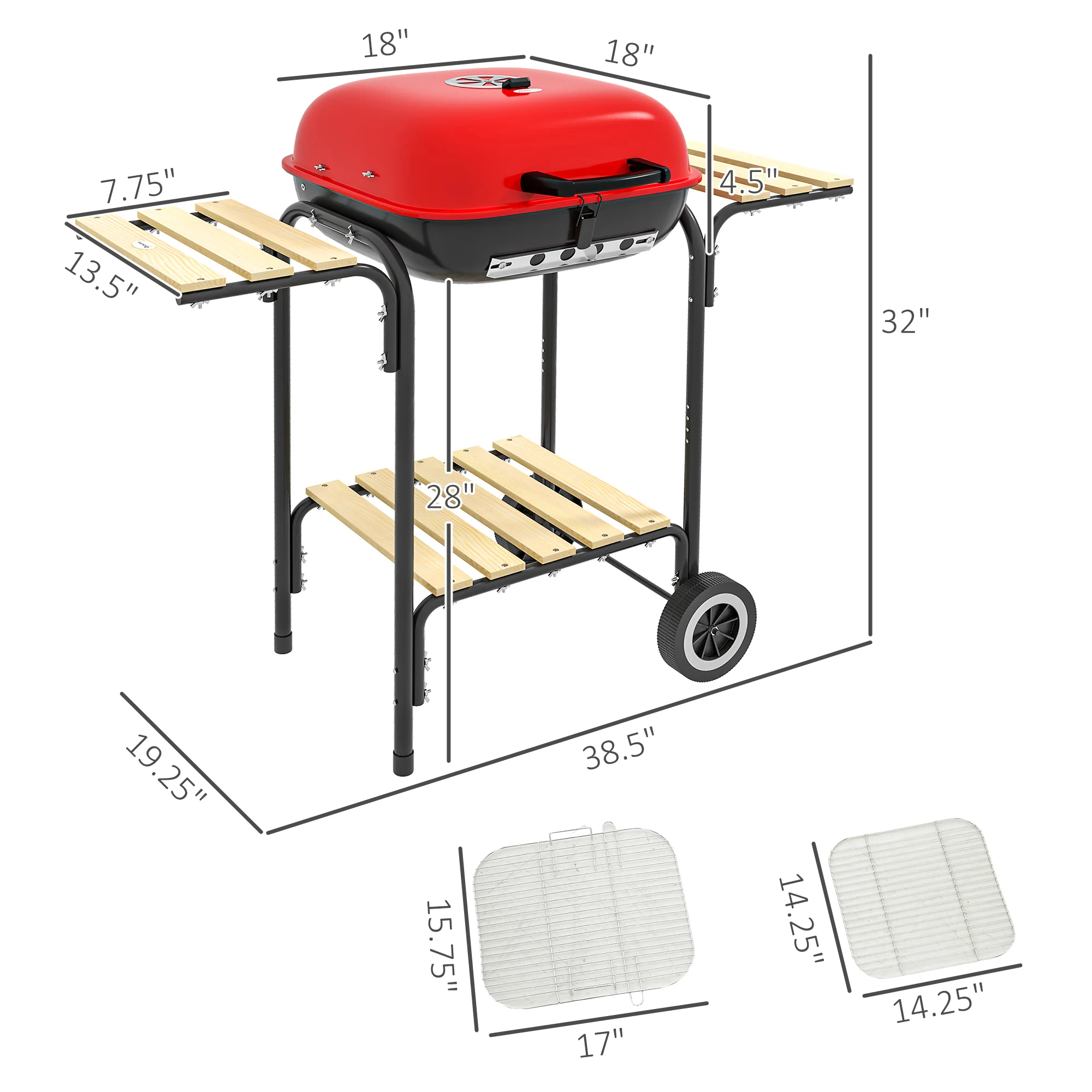 Portable Charcoal Grill with Wheels, 2 Side Tables & Adjustable Vents, Red - Image 5