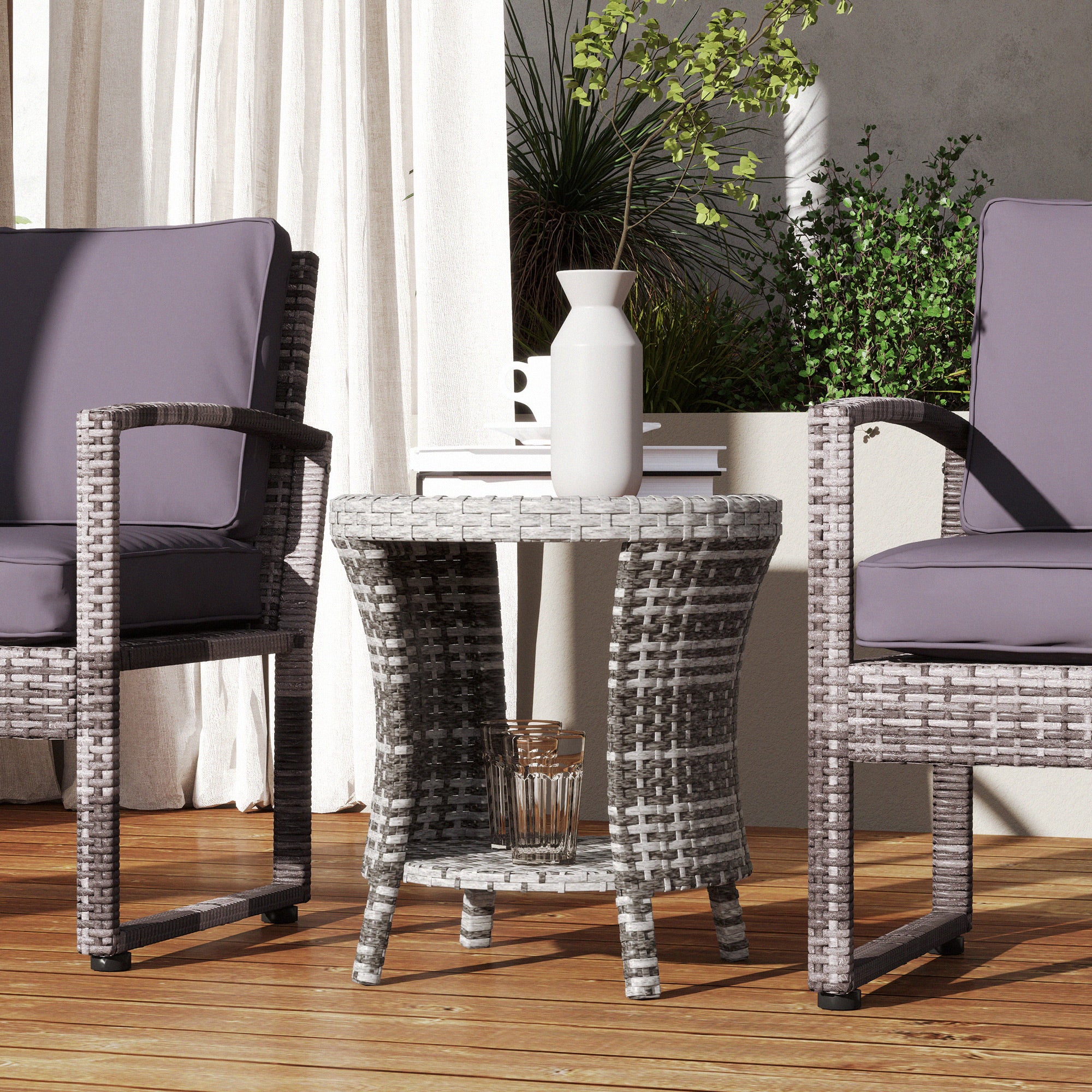 18" Rattan Patio Coffee Table, 2-Tier Outdoor Side Table with Composite Wood Top, Mixed Gray - Image 10