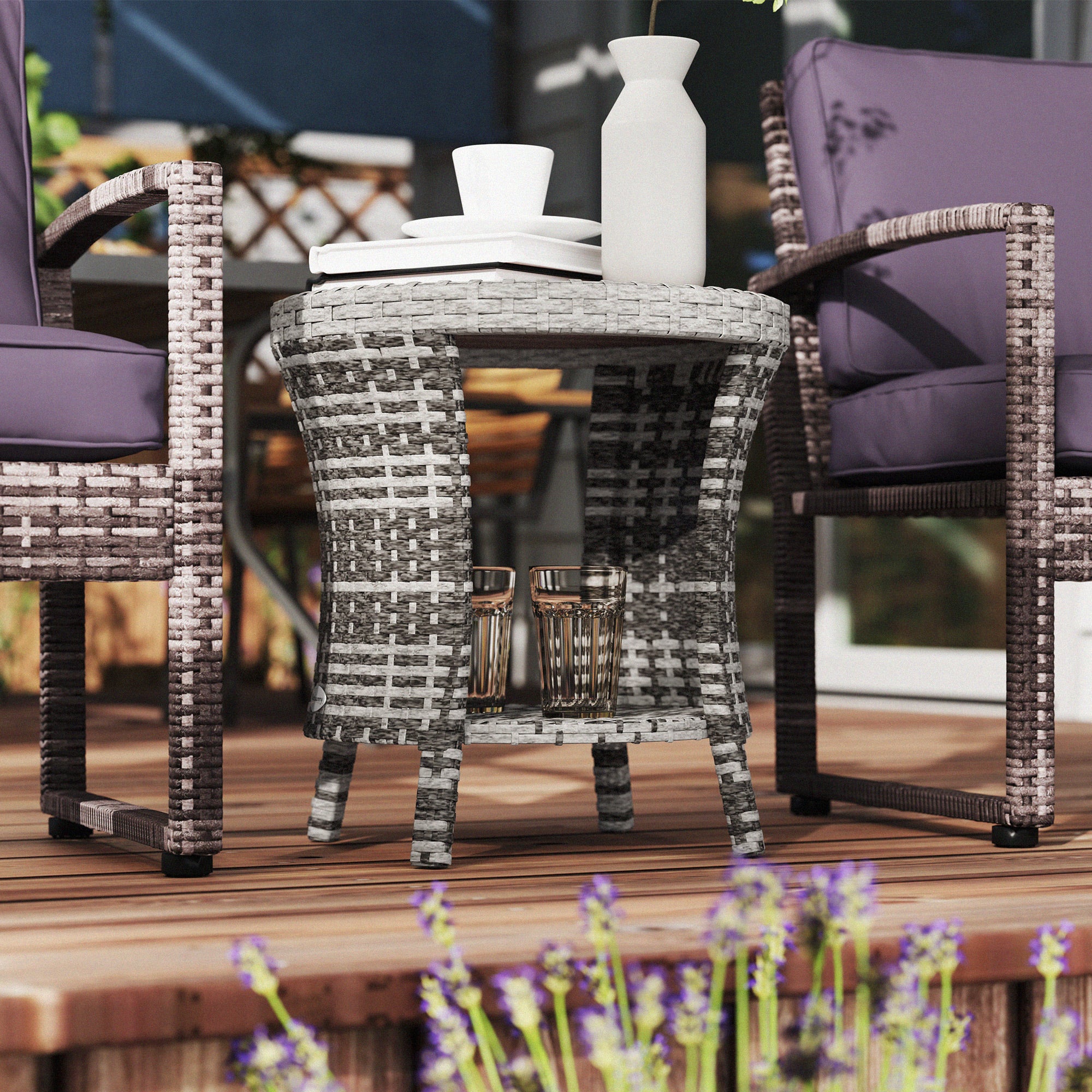 18" Rattan Patio Coffee Table, 2-Tier Outdoor Side Table with Composite Wood Top, Mixed Gray - Image 11