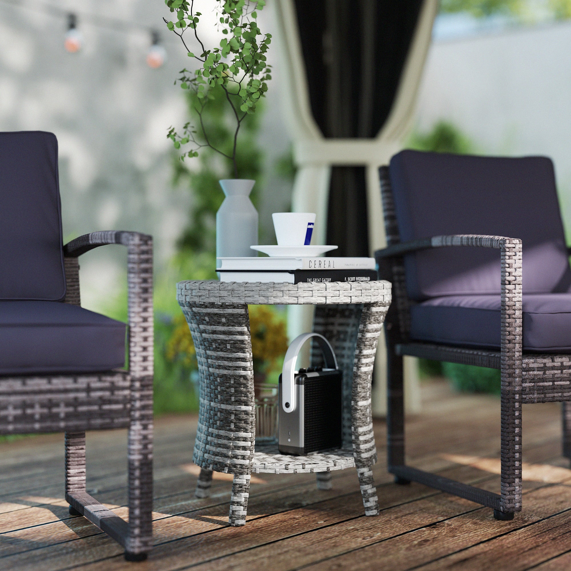 18" Rattan Patio Coffee Table, 2-Tier Outdoor Side Table with Composite Wood Top, Mixed Gray - Image 3