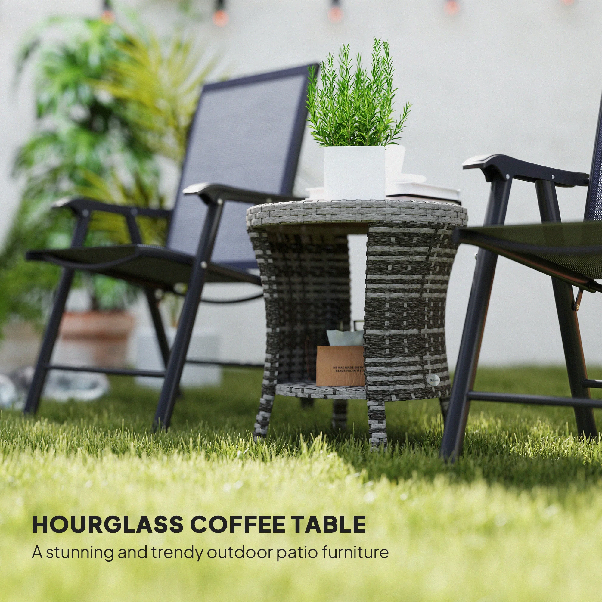 18" Rattan Patio Coffee Table, 2-Tier Outdoor Side Table with Composite Wood Top, Mixed Gray - Image 6