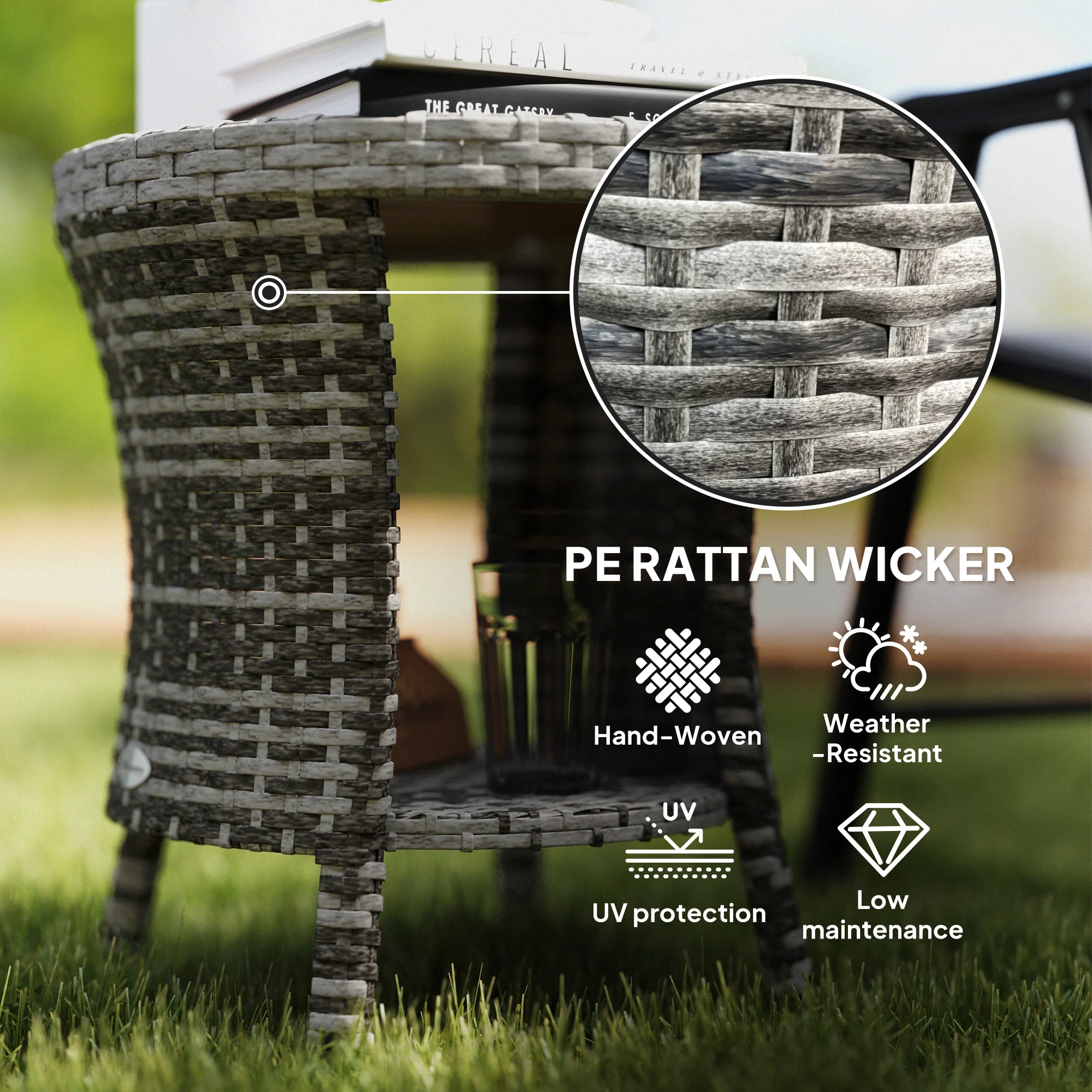 18" Rattan Patio Coffee Table, 2-Tier Outdoor Side Table with Composite Wood Top, Mixed Gray - Image 7