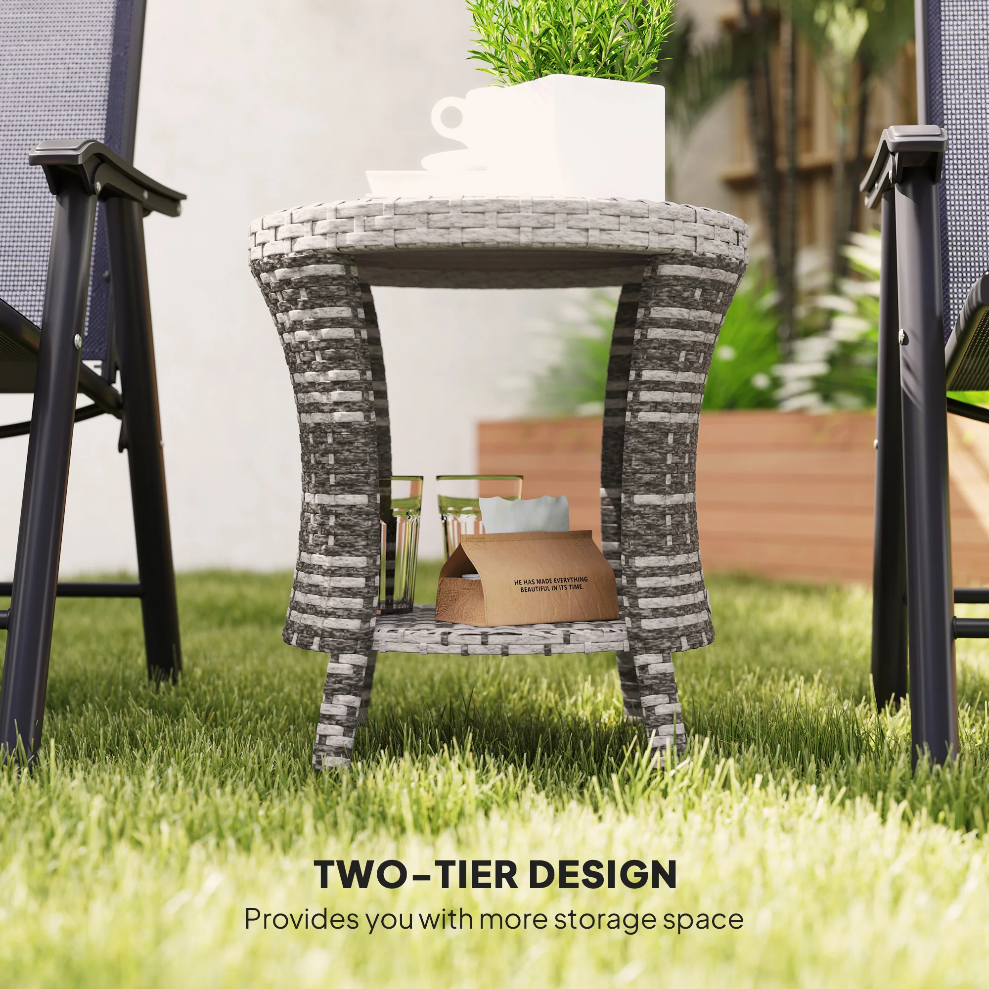 18" Rattan Patio Coffee Table, 2-Tier Outdoor Side Table with Composite Wood Top, Mixed Gray - Image 8