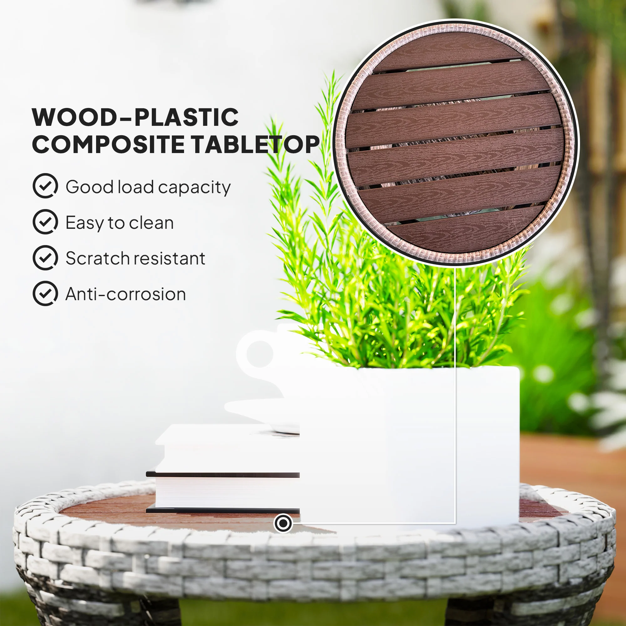 18" Rattan Patio Coffee Table, 2-Tier Outdoor Side Table with Composite Wood Top, Mixed Gray - Image 9
