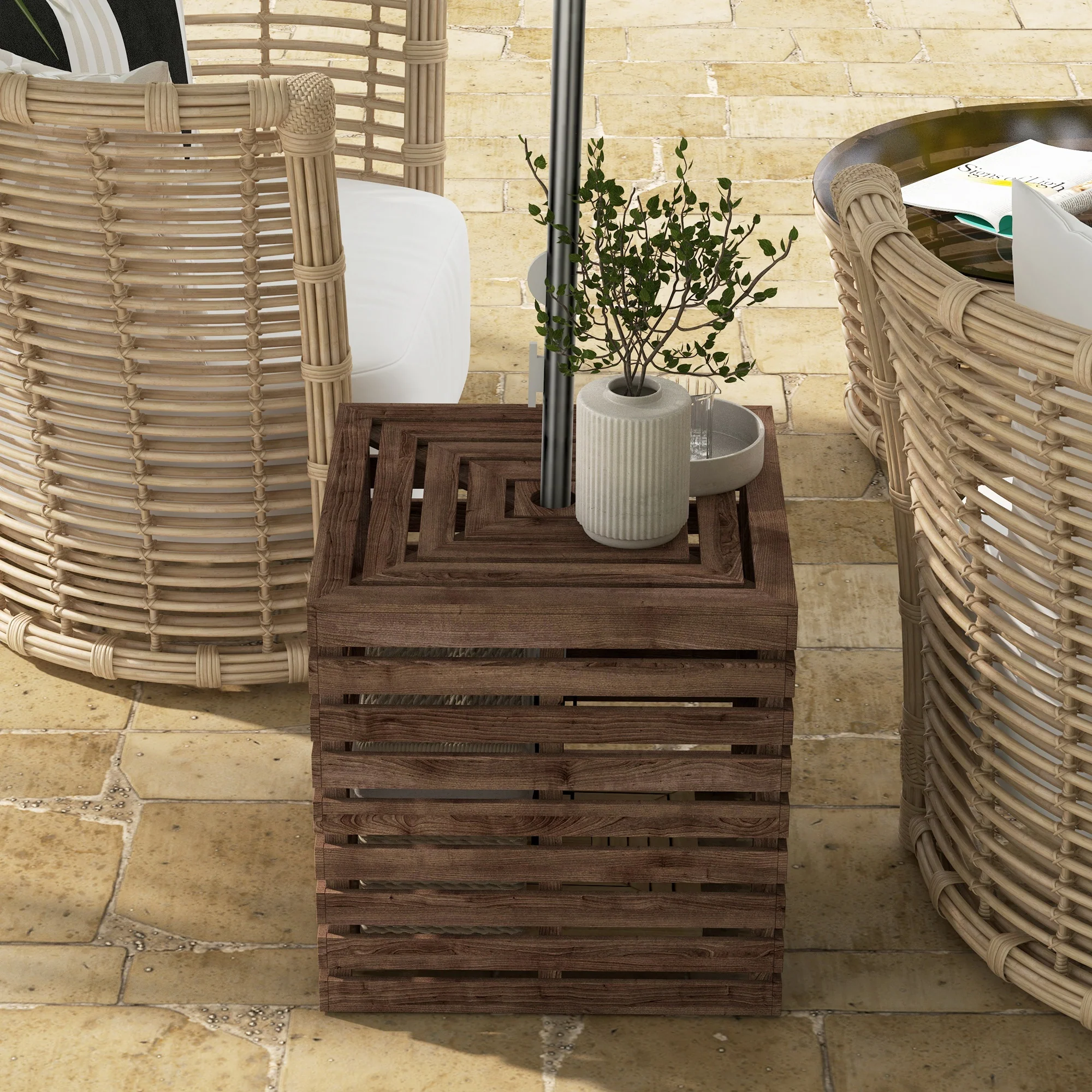 2-in-1 Outdoor Umbrella Base Storage Box, Wooden Patio Coffee Table, Brown - Image 10