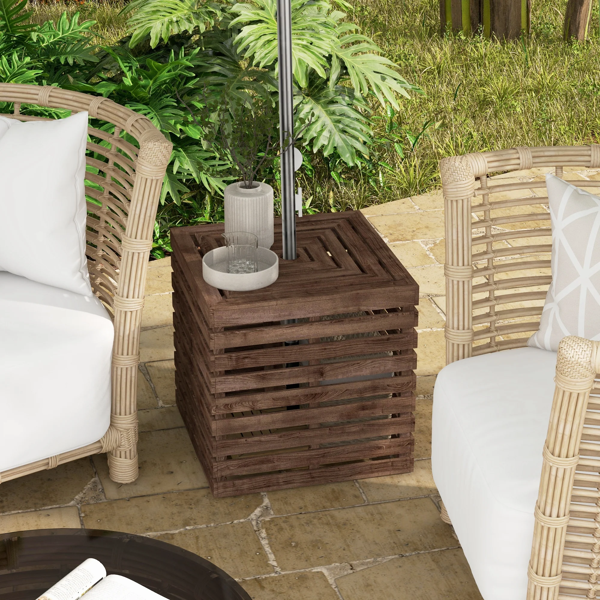 2-in-1 Outdoor Umbrella Base Storage Box, Wooden Patio Coffee Table, Brown - Image 3