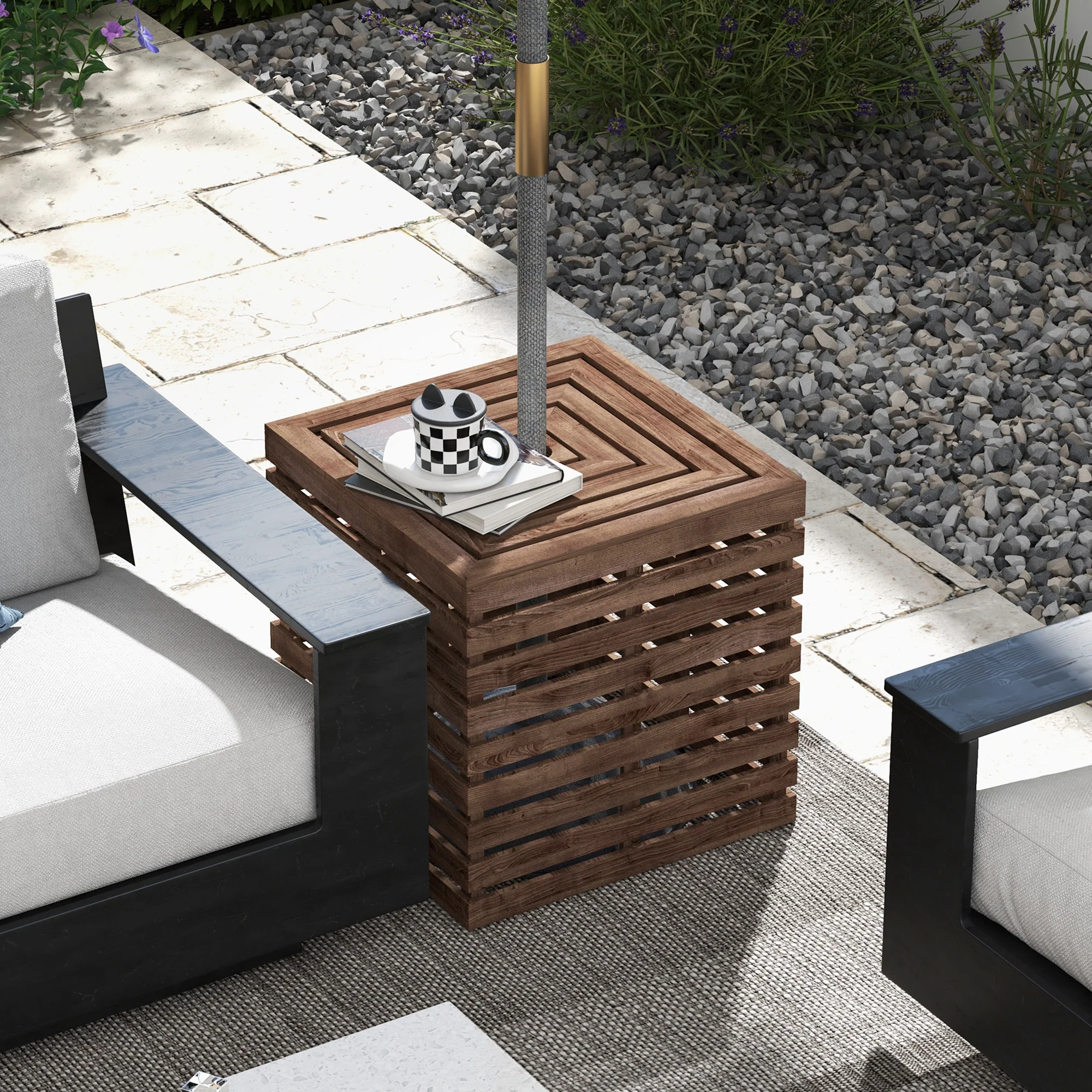 2-in-1 Outdoor Umbrella Base Storage Box, Wooden Patio Coffee Table, Brown - Image 4