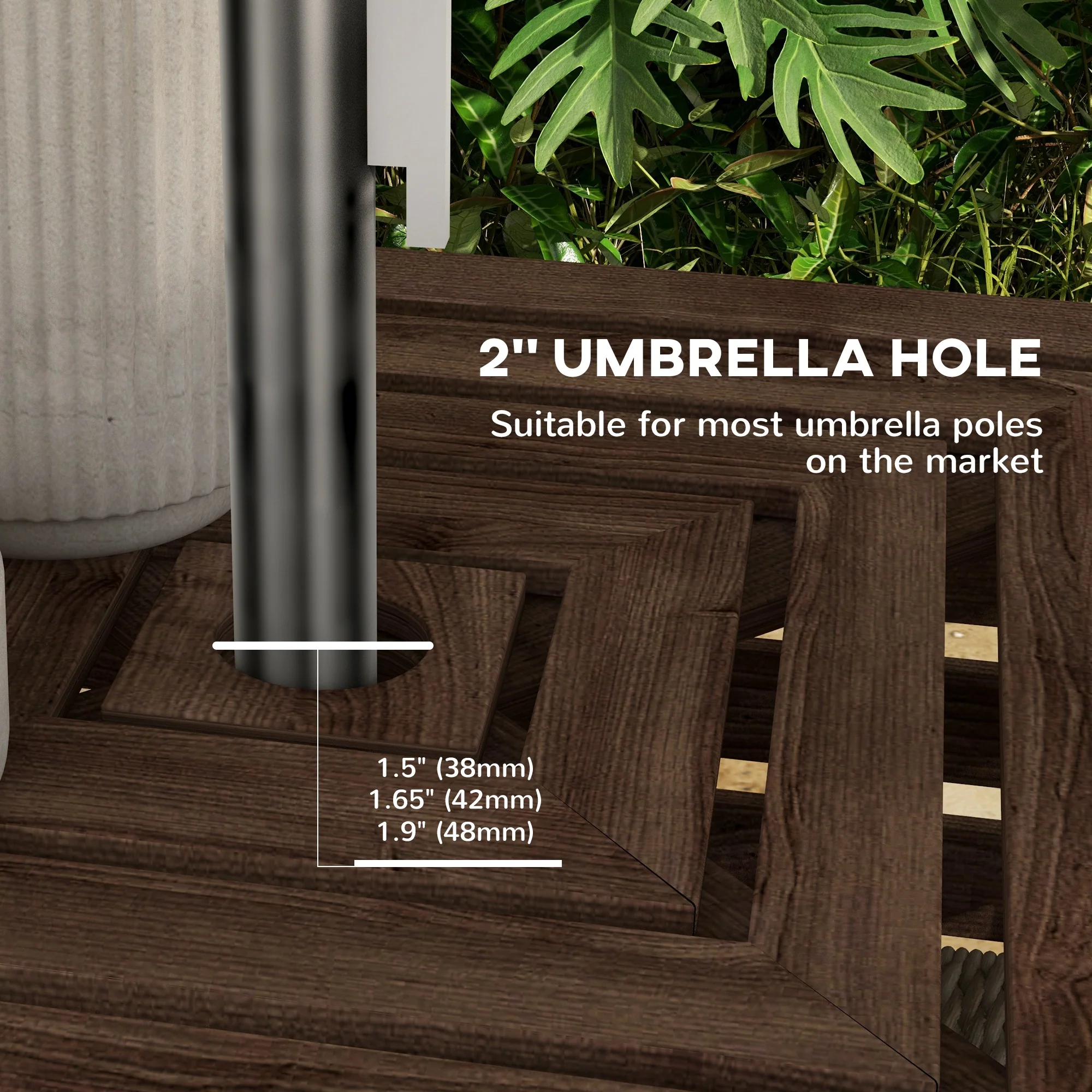 2-in-1 Outdoor Umbrella Base Storage Box, Wooden Patio Coffee Table, Brown - Image 7