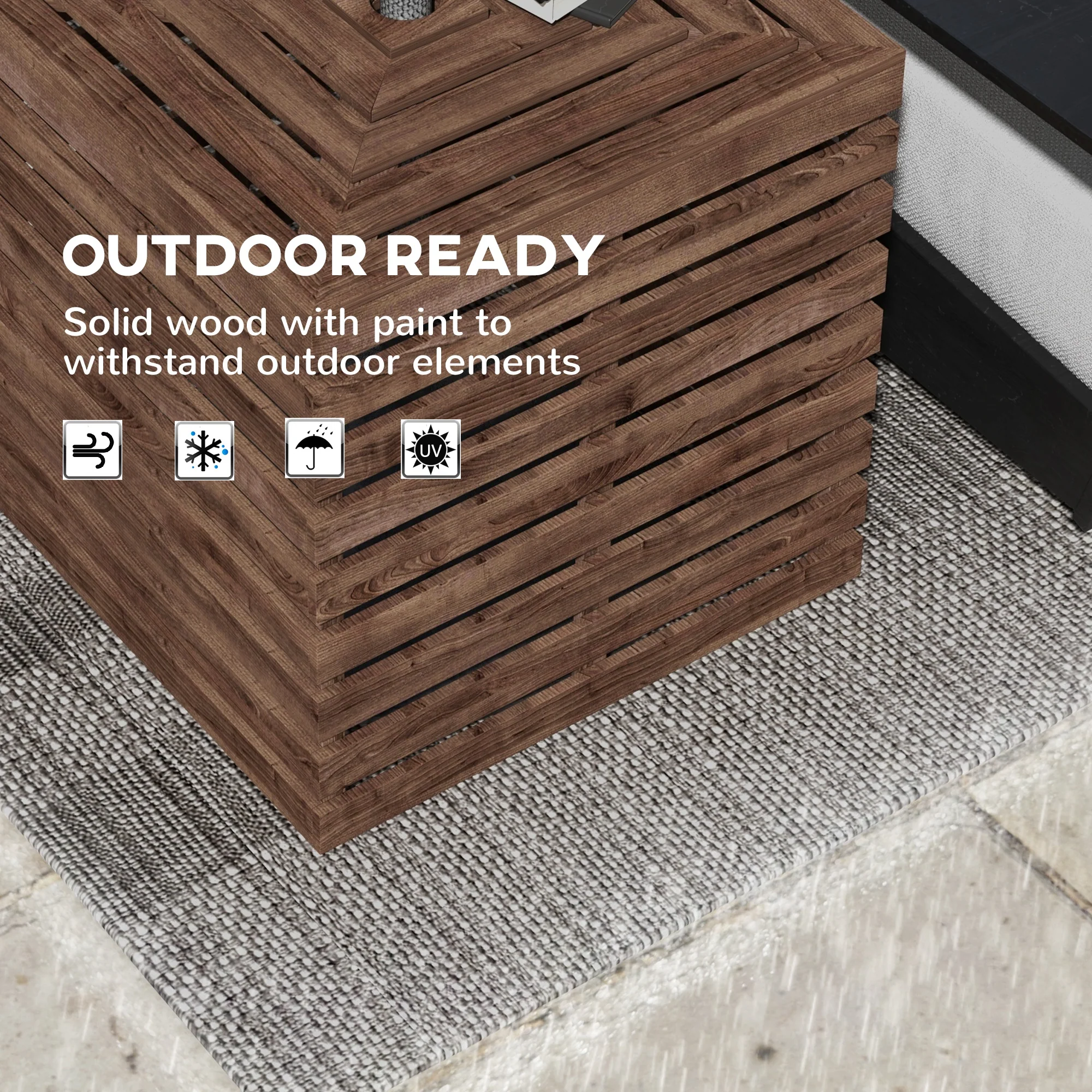 2-in-1 Outdoor Umbrella Base Storage Box, Wooden Patio Coffee Table, Brown - Image 9