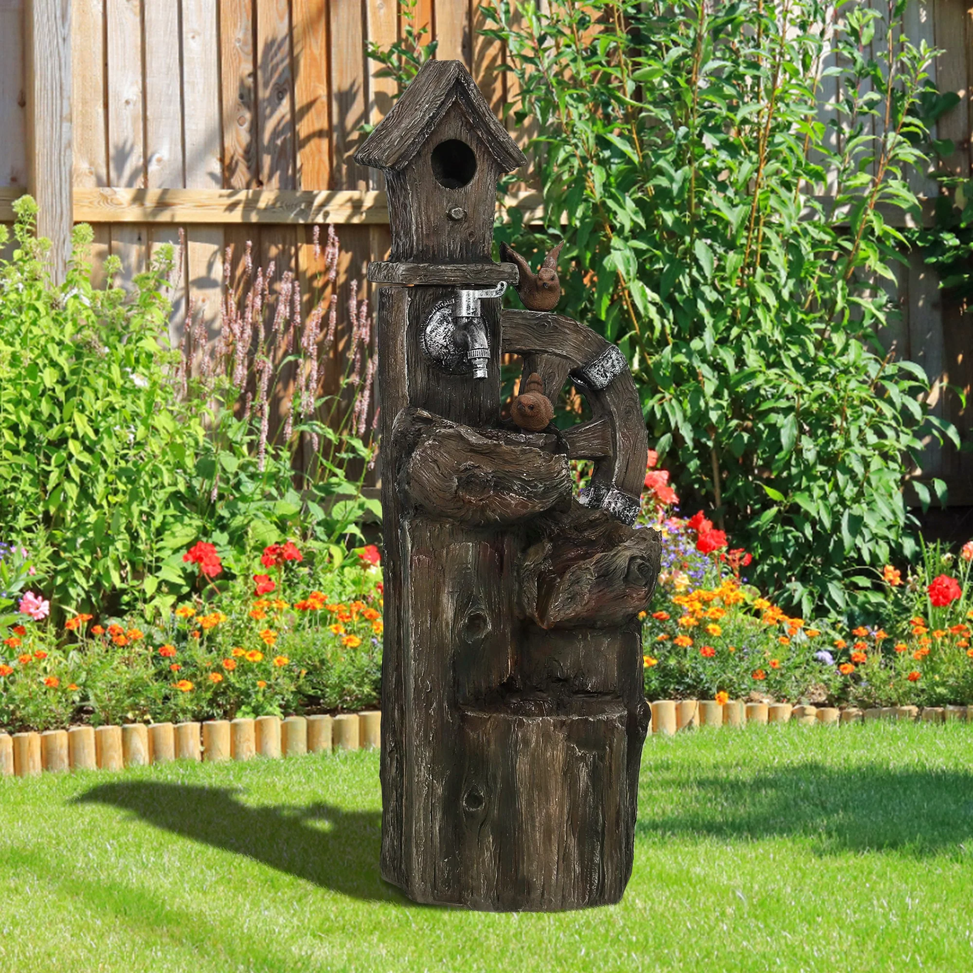 2-in-1 Tree Trunk Waterfall Fountain with Birdhouse & LED Lights, Mixed Color - Image 10