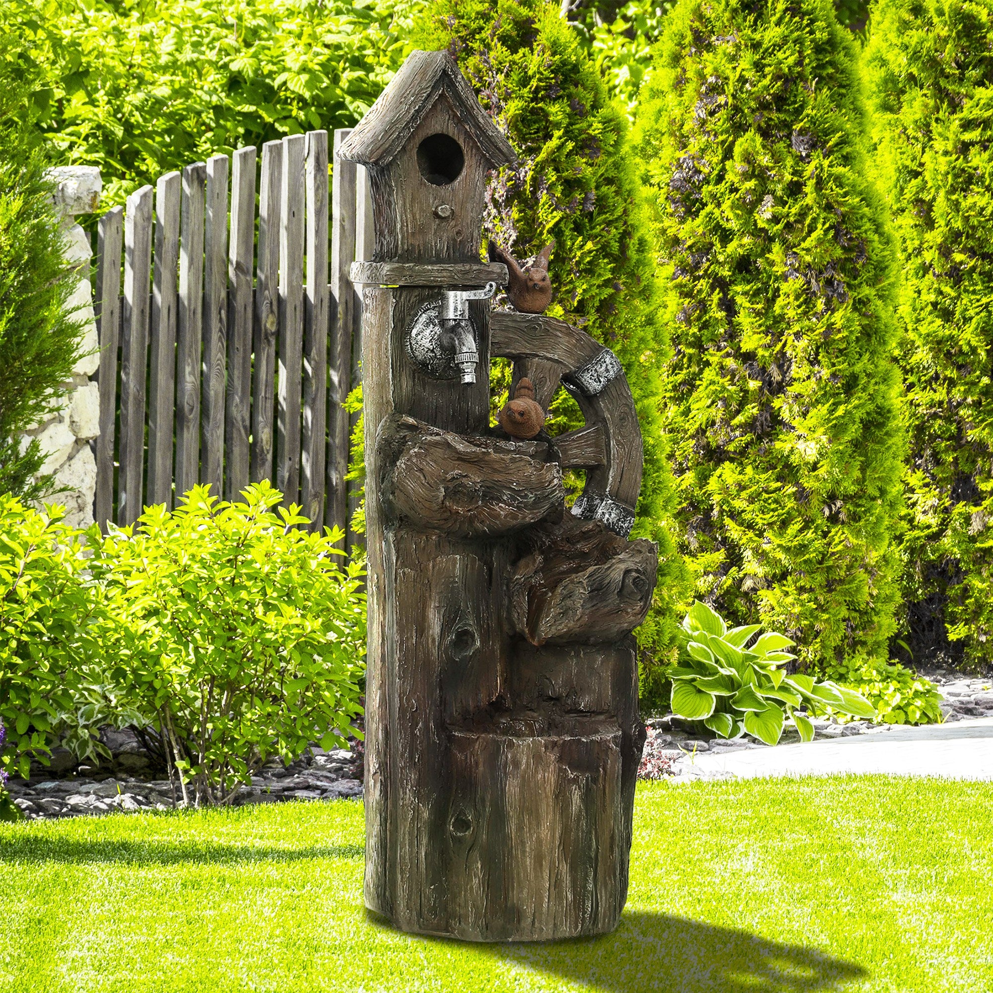 2-in-1 Tree Trunk Waterfall Fountain with Birdhouse & LED Lights, Mixed Color - Image 11