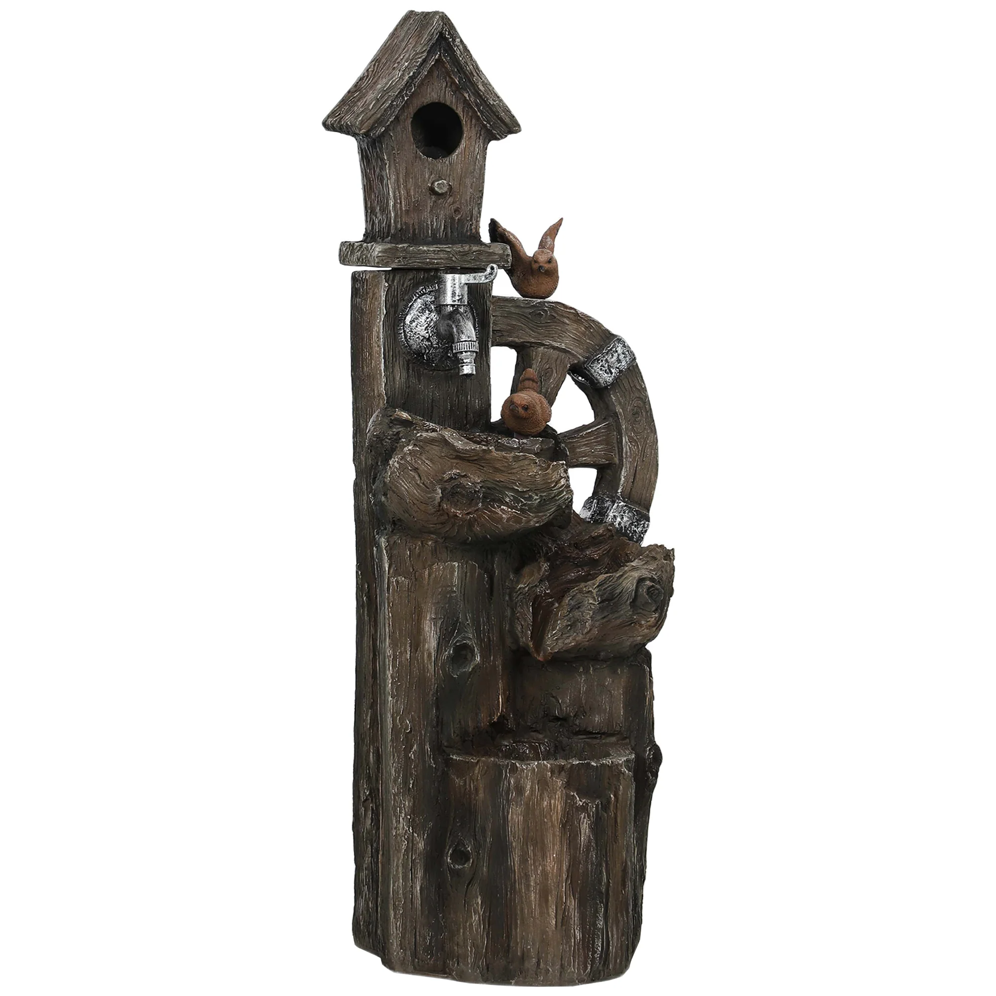 2-in-1 Tree Trunk Waterfall Fountain with Birdhouse & LED Lights, Mixed Color - Image 12