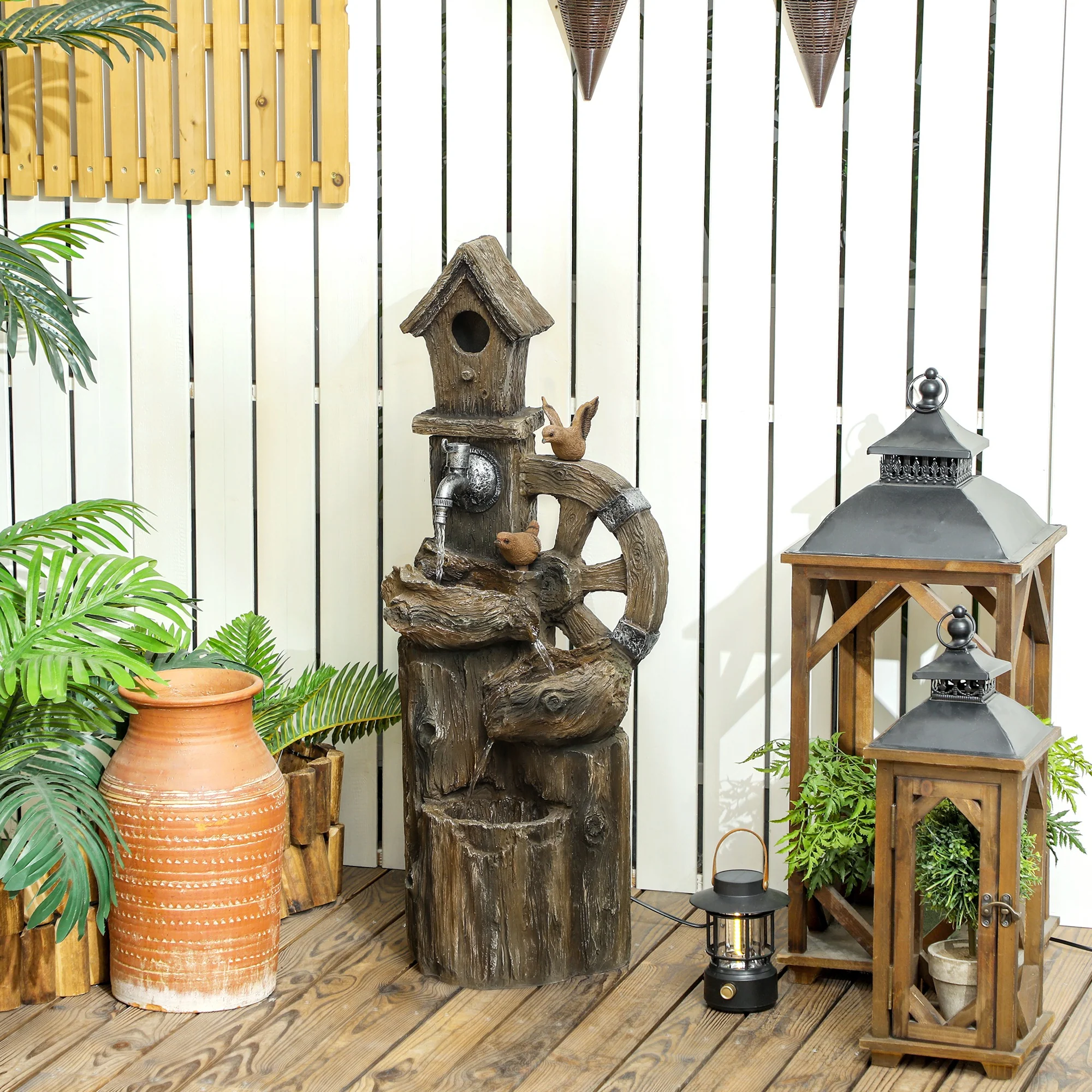 2-in-1 Tree Trunk Waterfall Fountain with Birdhouse & LED Lights, Mixed Color - Image 3