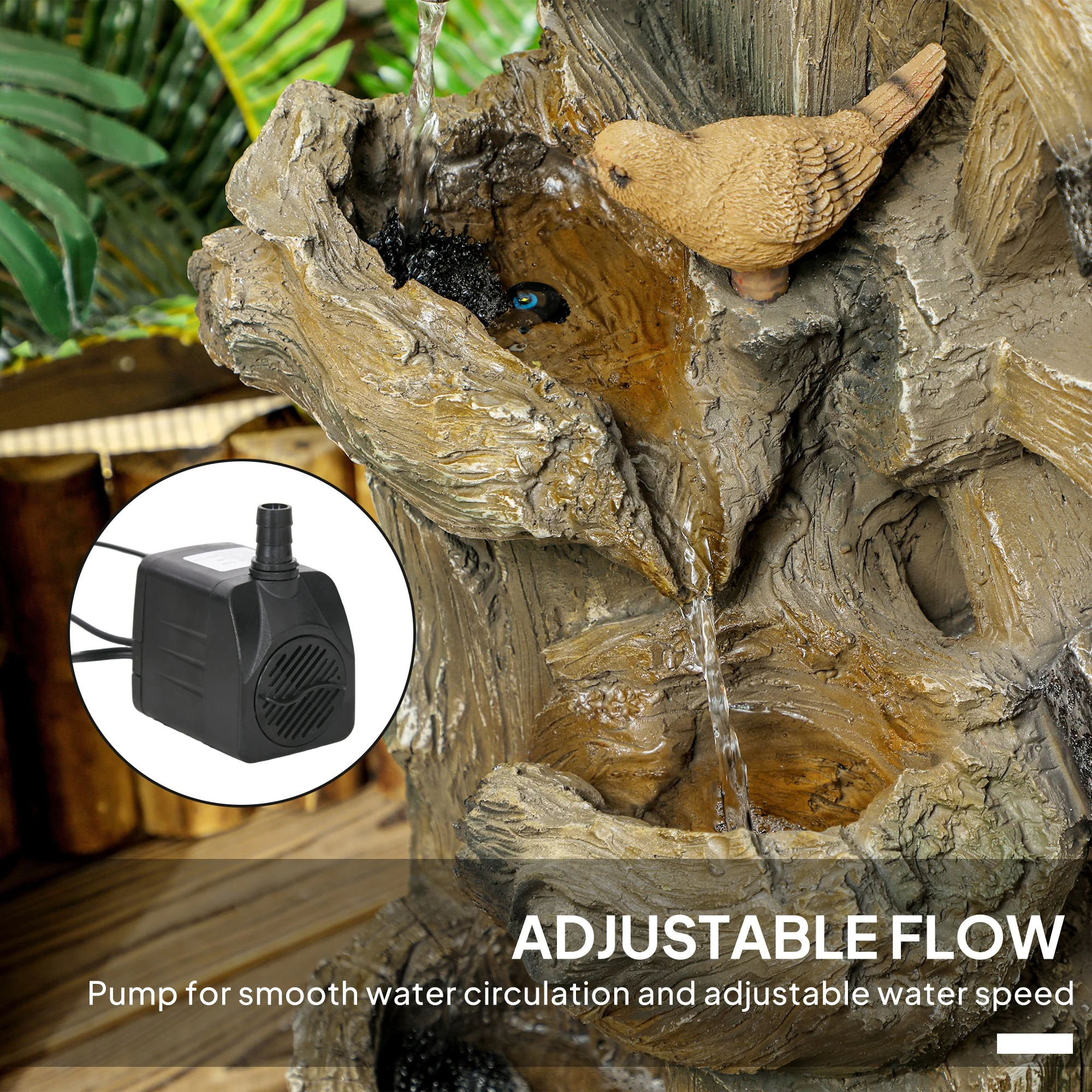 2-in-1 Tree Trunk Waterfall Fountain with Birdhouse & LED Lights, Mixed Color - Image 8