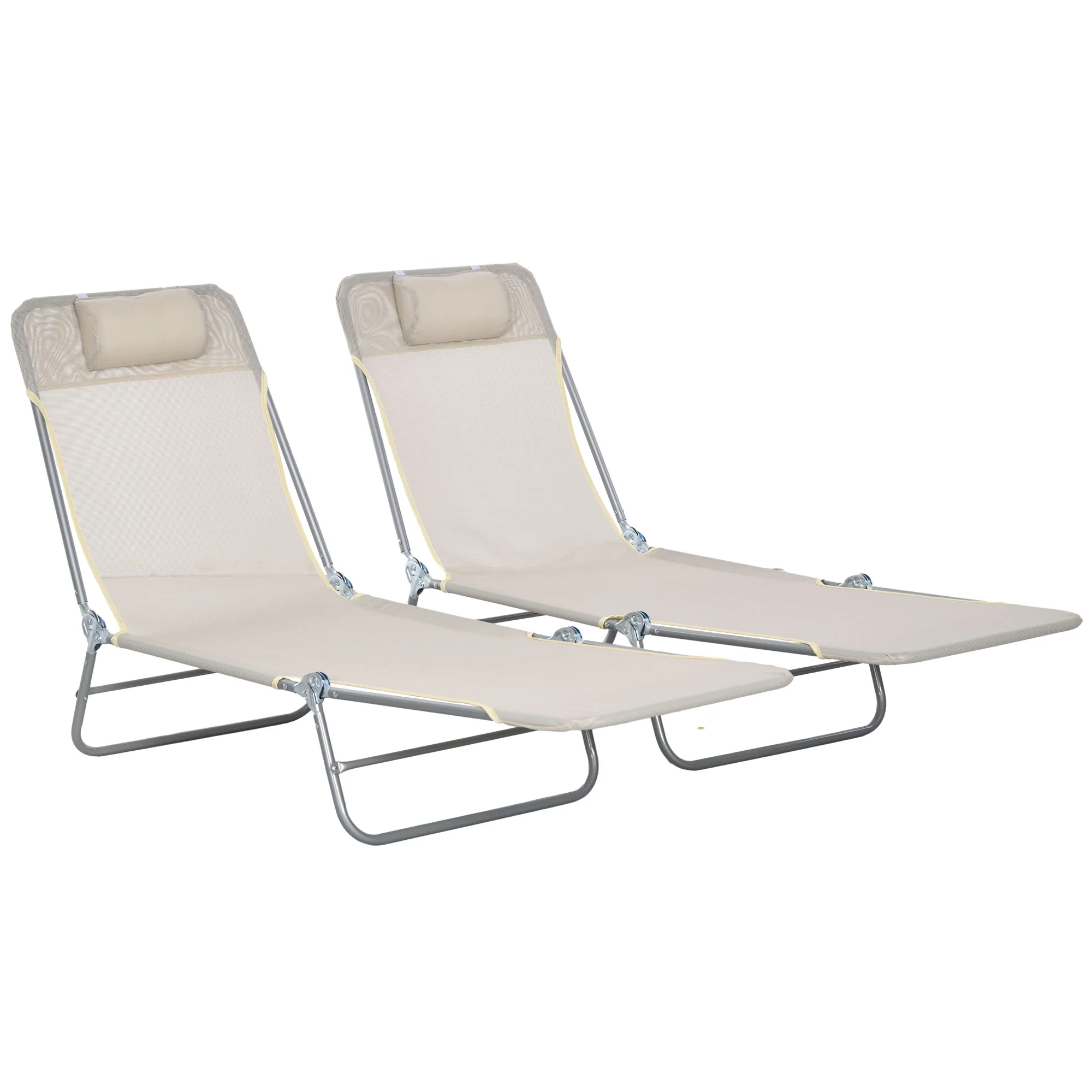 2-Piece Folding Sun Loungers with Reclining Back, Breathable Mesh & Headrest, Cream White - Image 12