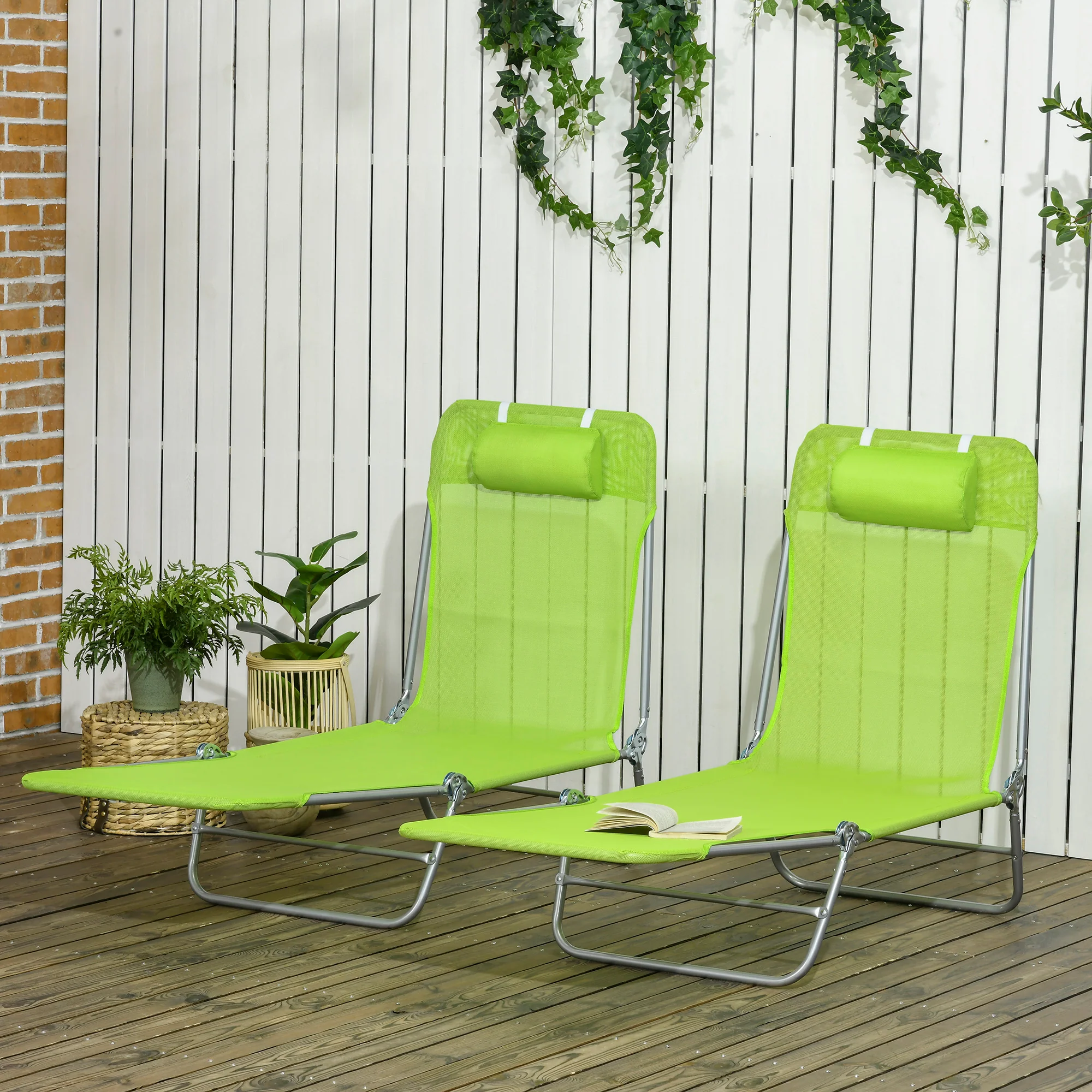 2-Piece Folding Chaise Lounge Chairs with Reclining Back, Breathable Mesh Seat & Headrest, Green - Image 3