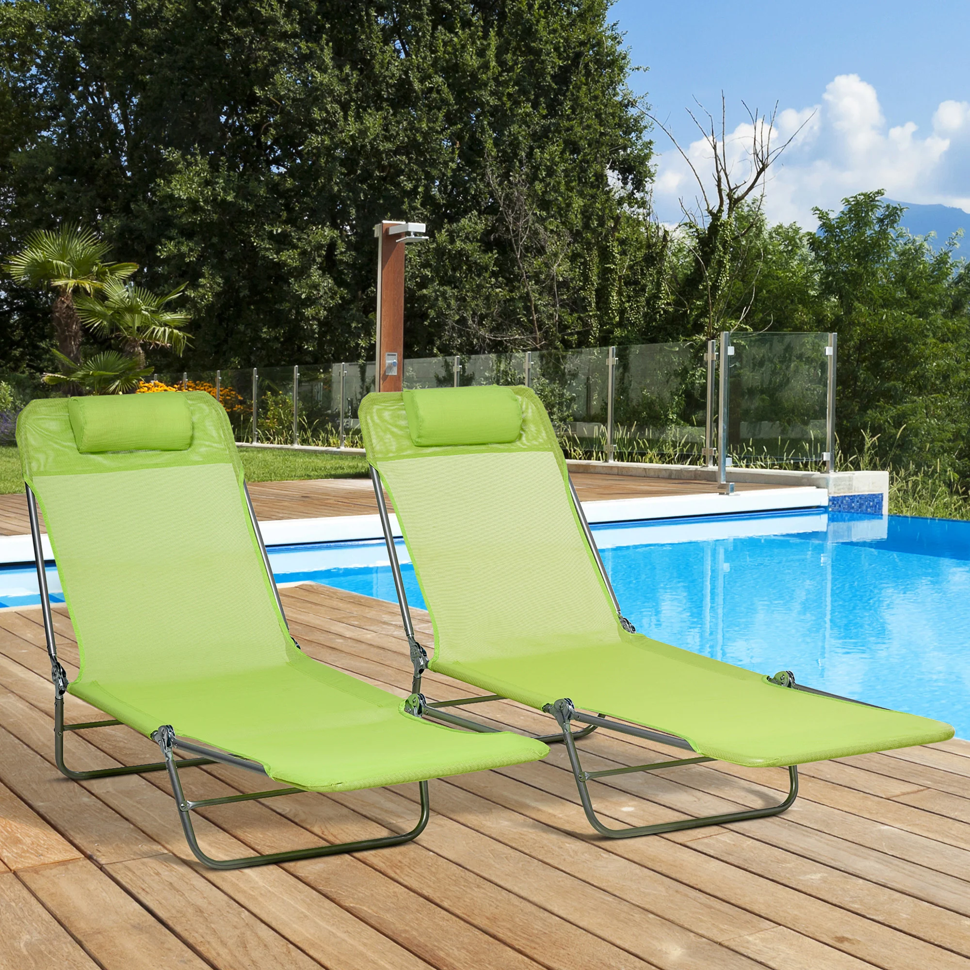 2-Piece Folding Chaise Lounge Chairs with Reclining Back, Breathable Mesh Seat & Headrest, Green - Image 4