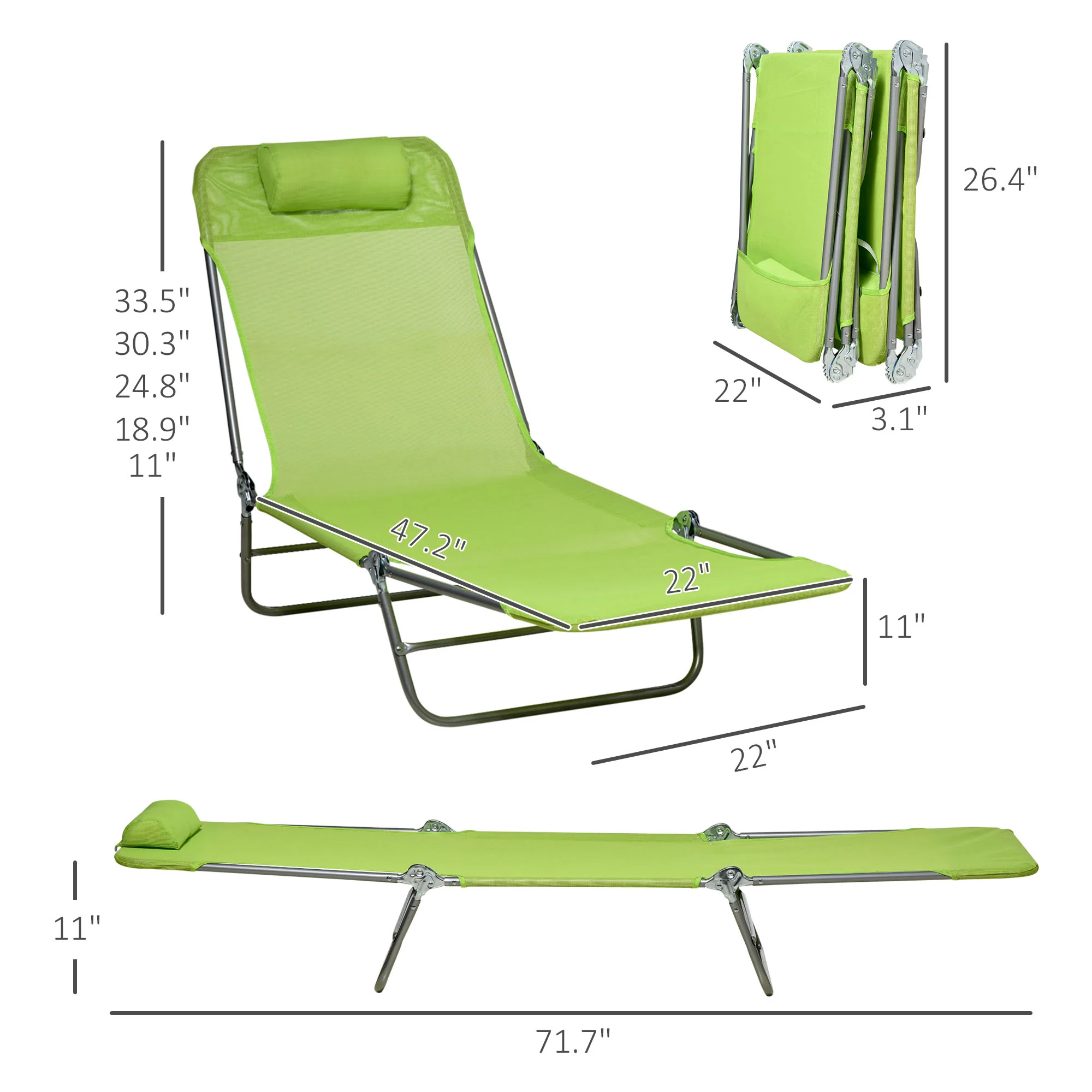 2-Piece Folding Chaise Lounge Chairs with Reclining Back, Breathable Mesh Seat & Headrest, Green - Image 5