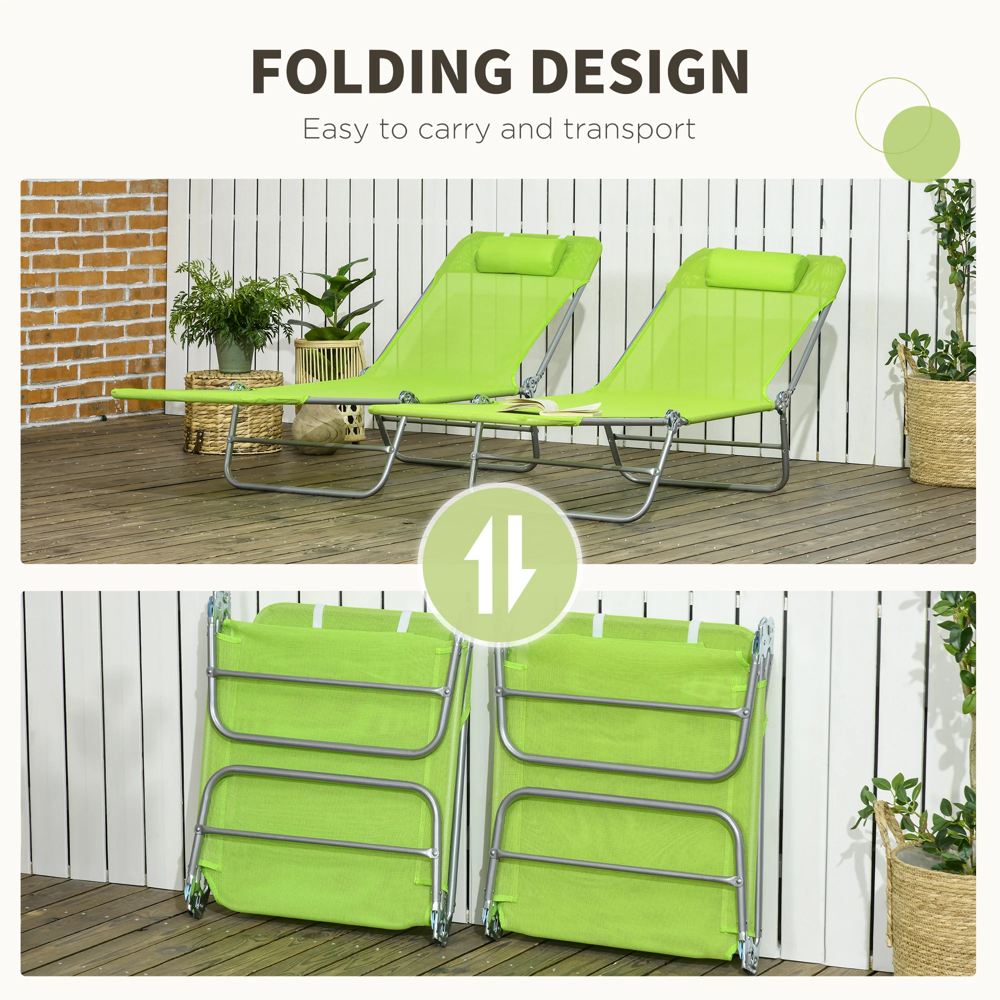 2-Piece Folding Chaise Lounge Chairs with Reclining Back, Breathable Mesh Seat & Headrest, Green - Image 7