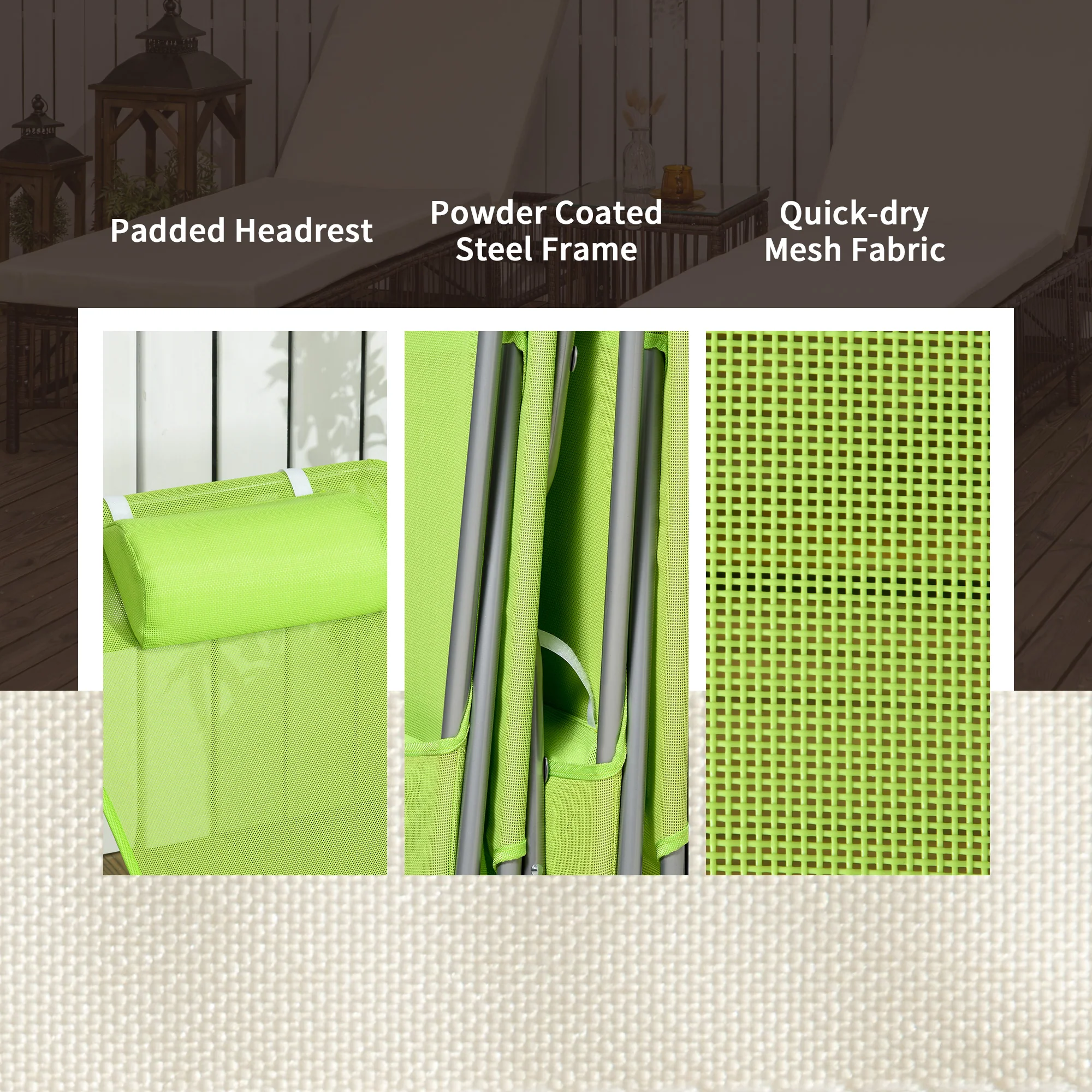 2-Piece Folding Chaise Lounge Chairs with Reclining Back, Breathable Mesh Seat & Headrest, Green - Image 8